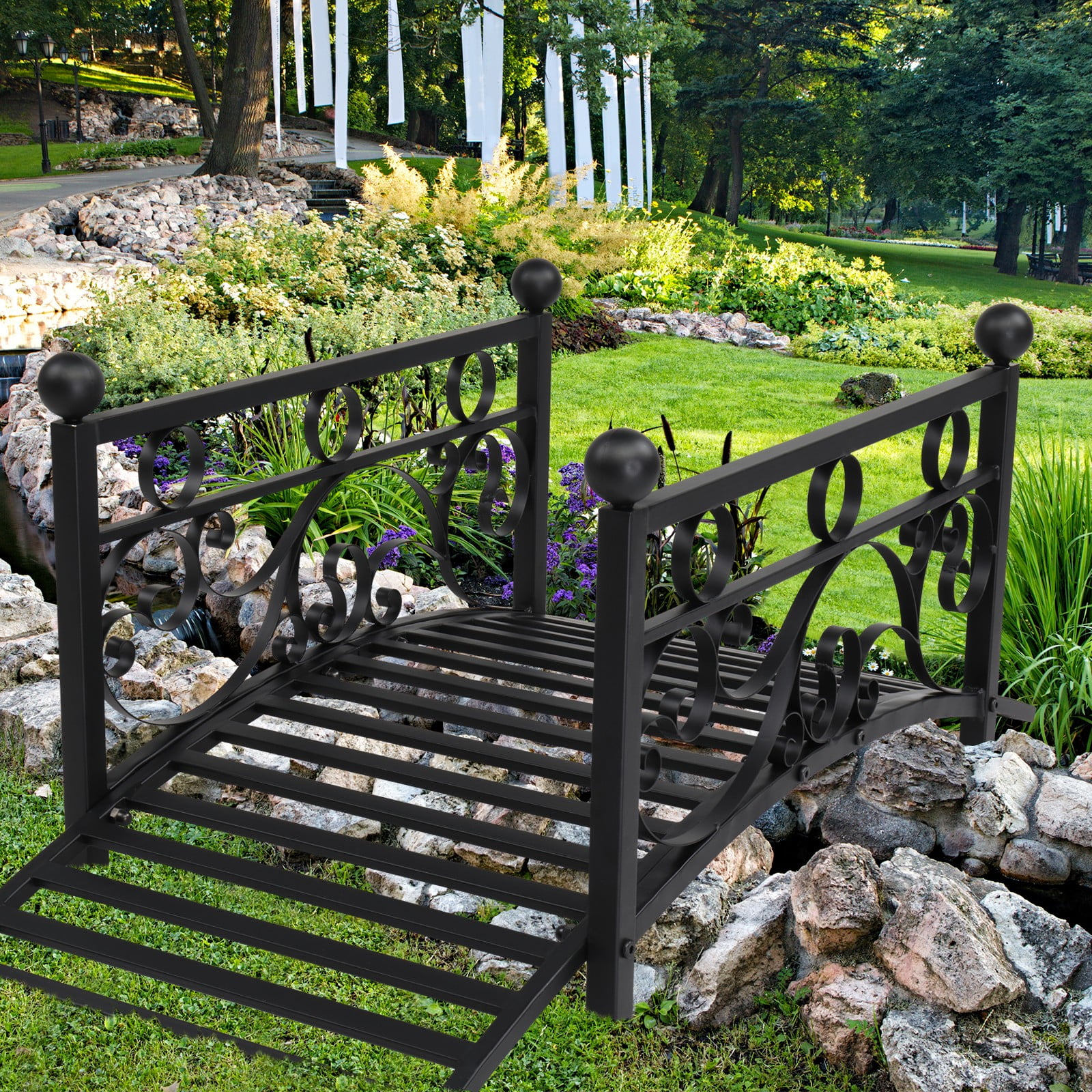 Garden Bridge, Metal Arch Backyard Garden Bridge Safety Siderails, Arch Path Bridge, Ourdoor Decorative Iron Foot Bridge for Pond and Backyard Landscaping (Black with Ball Flat Top), (47 x 26 x 28)"