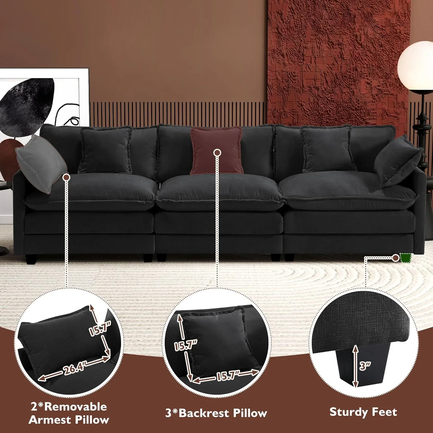 Ihanherry 146" U-Shaped Modern Sofa Modular Sectional Cloud Couch with 2 Ottoman, 6-Seat Chenille Deep Seat Sofa with 6 Pillows for Living Room, Bedroom and Apartment, Grey