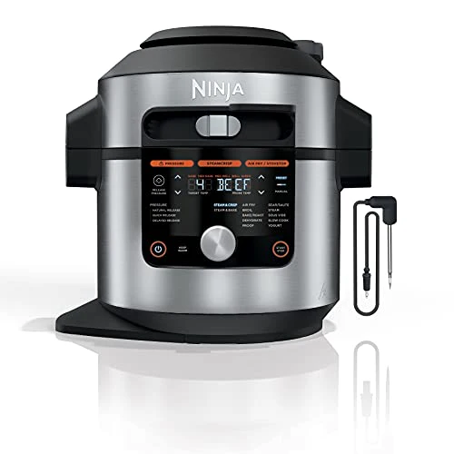 Ninja OL701 Foodi 14 in 1 SMART XL 8 Qt. Pressure Cooker Steam Fryer with SmartLid & Thermometer   Auto Steam Release, that Air Fries, Proofs & More, 3 Layer Capacity, 5 Qt. Crisp Basket, Silver/Black