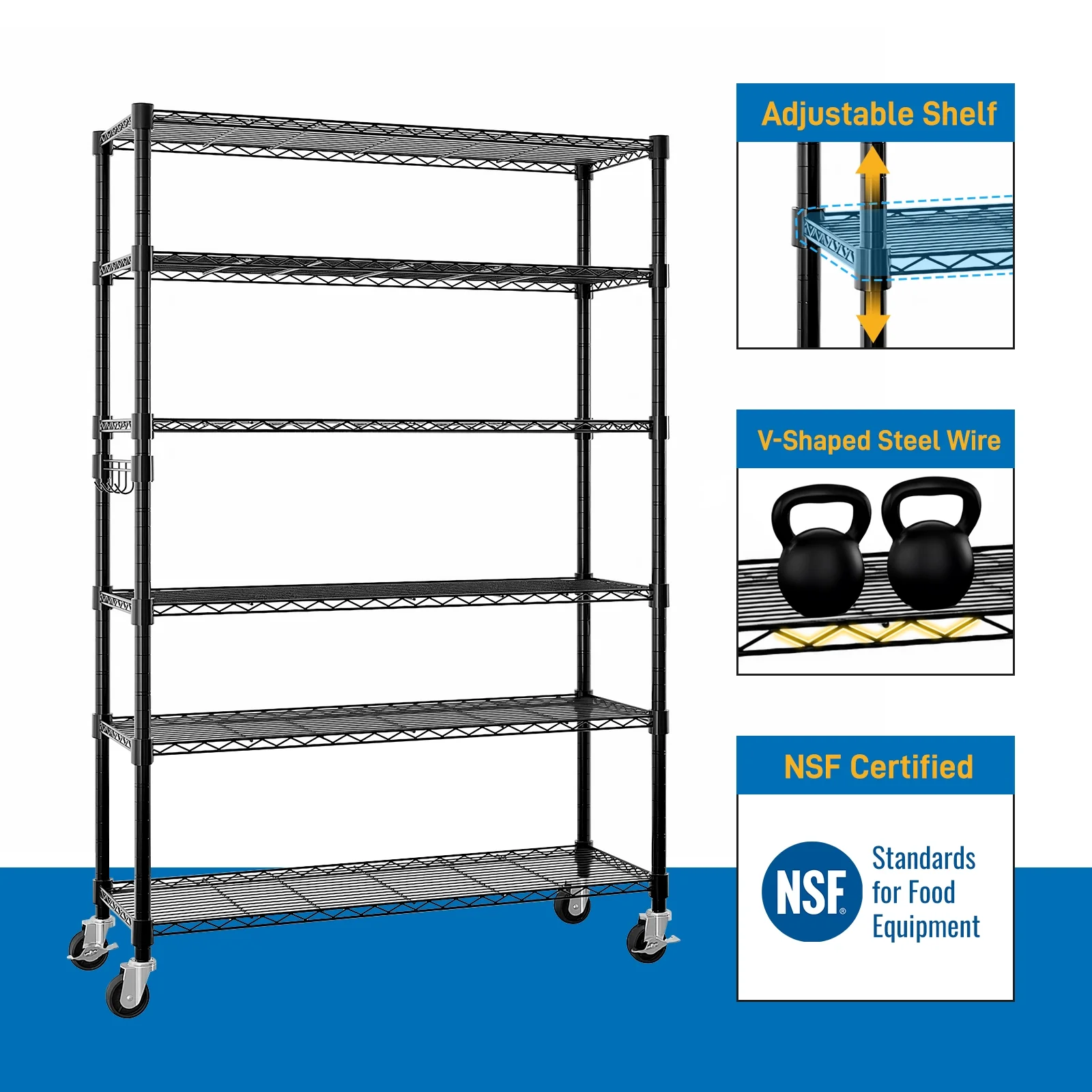 Ktaxon 6 Tier Wire Shelving with Wheels, 46"D x 18"W x 82"H Multifunctional Storage Rack Metal Garage Shelves Organizer, Capacity for 900lbs, Silver