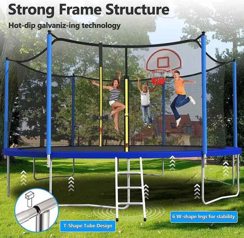 Trampoline With Enclosure Net And Adjustable Basketball Hoop - 8ft, 10ft, 12ft, 14ft, 15ft, 16ft