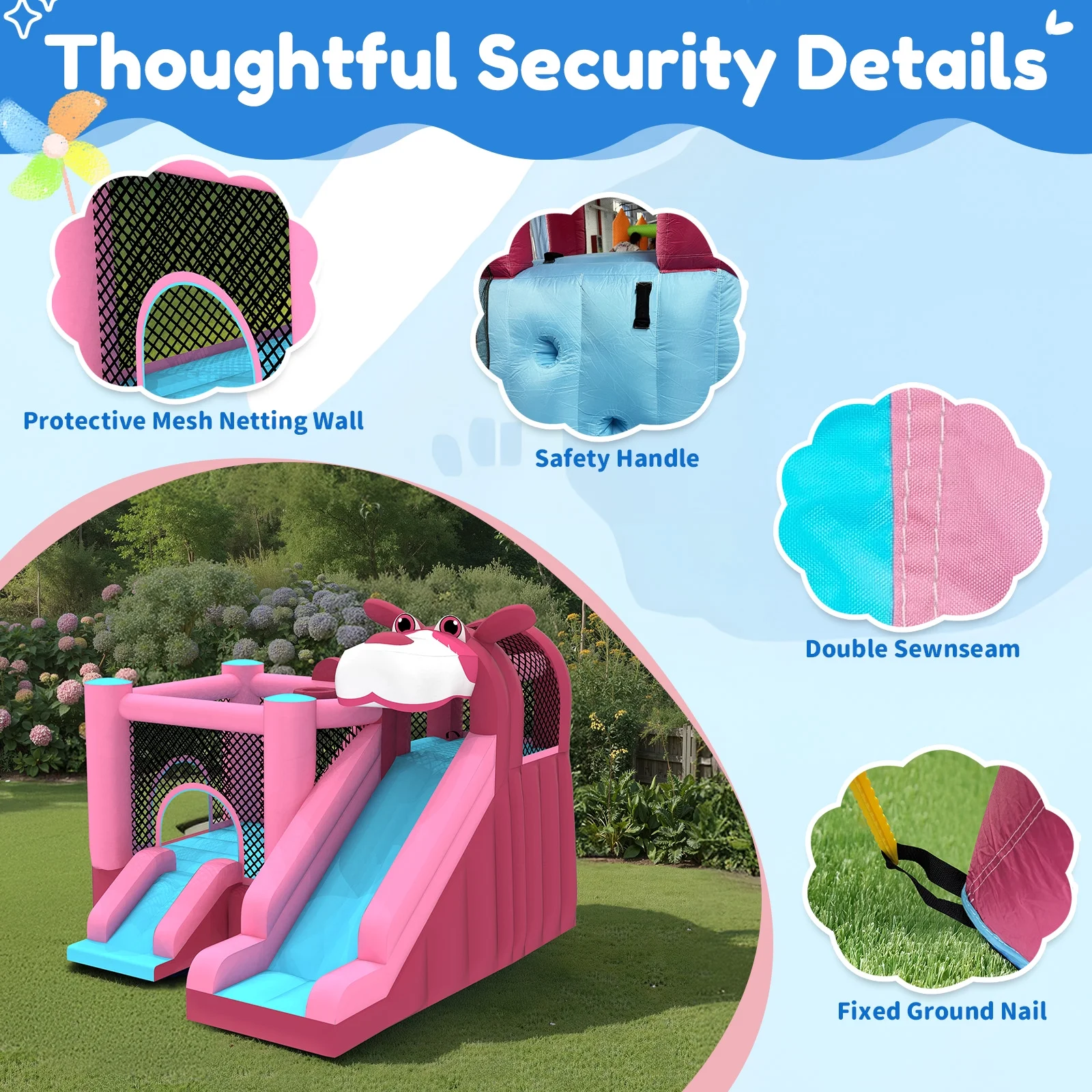 Mukidy 114''x 114'' x 92.5'' Inflatable Bounce Houses for Kids 3-10 with Blower Double Slide and Ball Pit/Indoor Bouncy House, PVC, Child, Teen, Toddler,Blue
