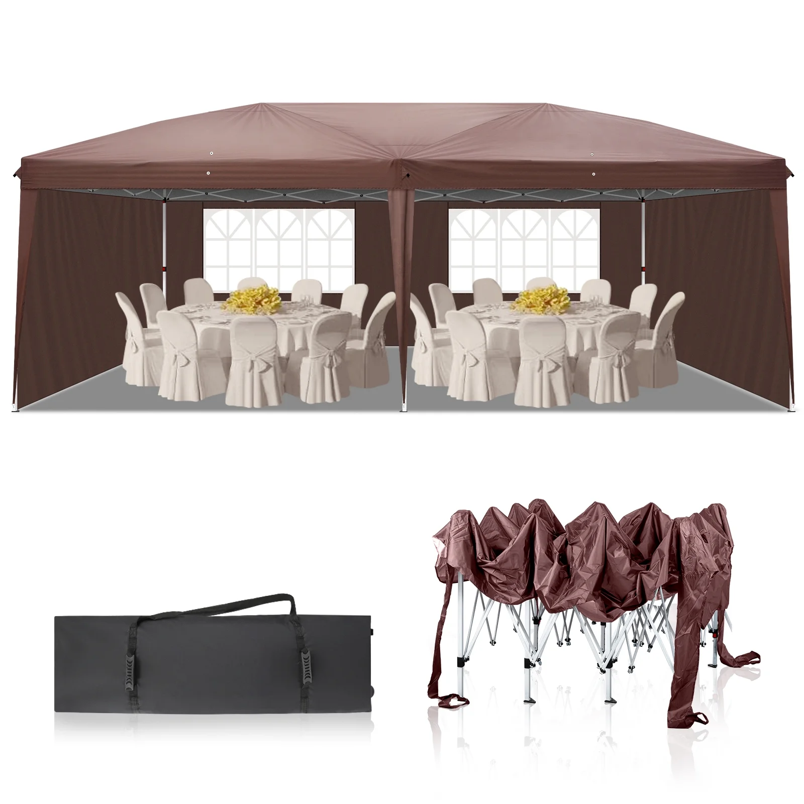 6m x 3m (20ft x 10ft) Dark Brown Waterproof Instant Pop Up Tent Portable Folding Shelter with 2 Windows, UV Protection, Heavy Duty for Camping, Outdoor Events, Market Stall, Backyard
