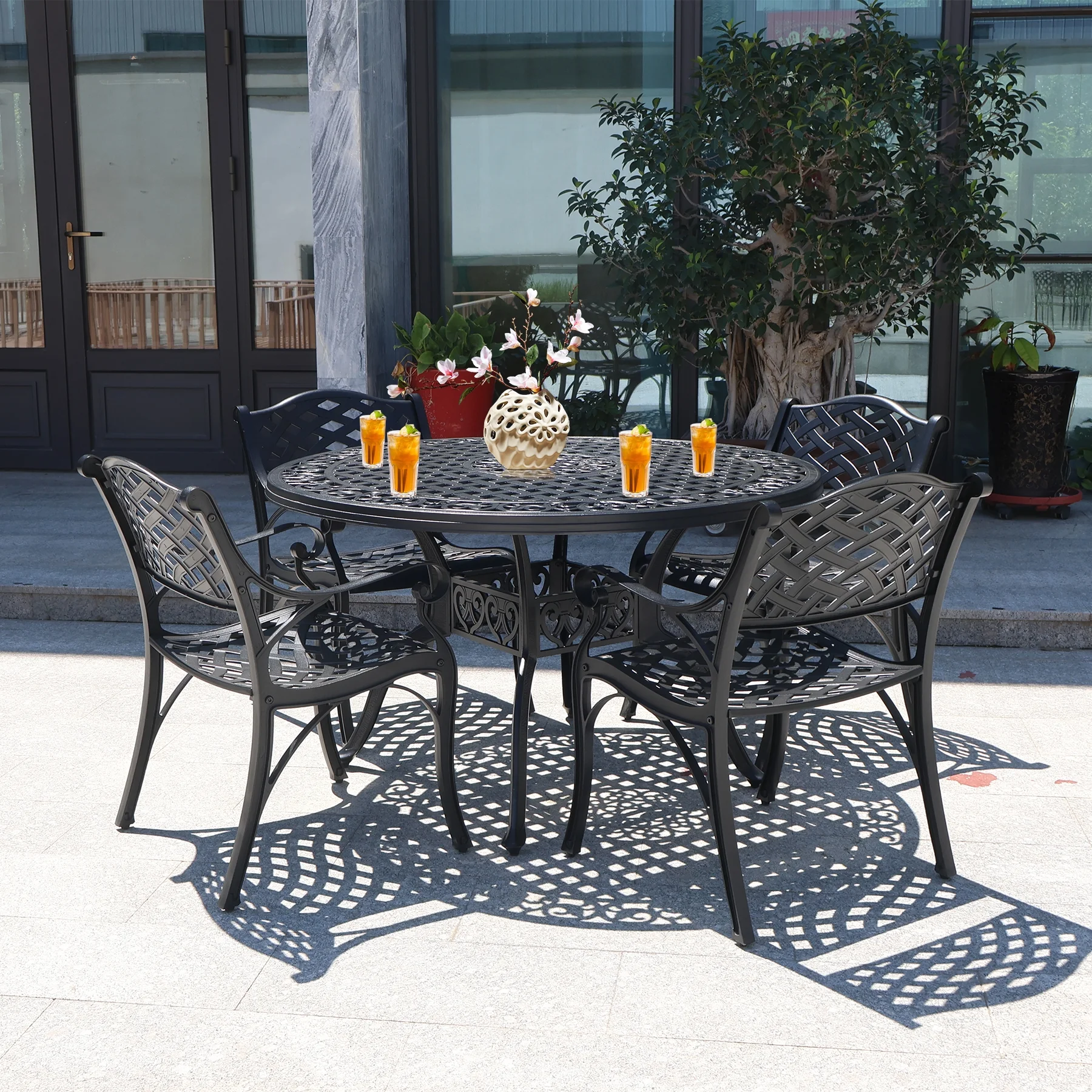 48 Inch Outdoor Dining Table Round Patio Bistro Table Powder-Coated Cast Aluminum Frame Patio Dining Table Garden Table with Umbrella Hole (Black)