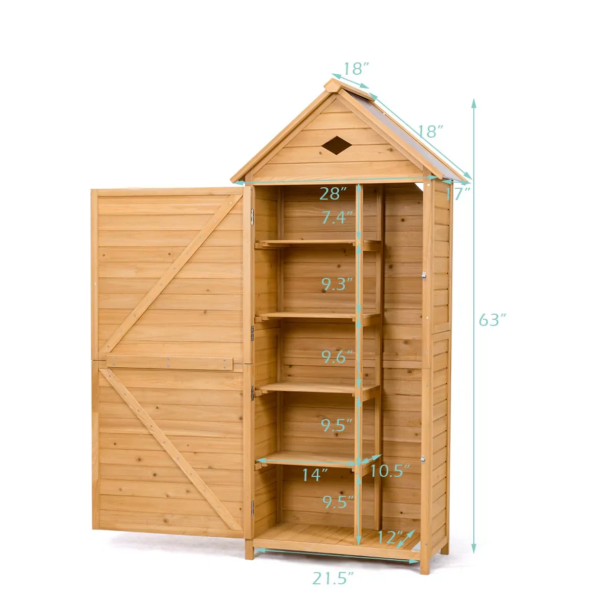 63″ Wood Outdoor Storage Shed Lockable Garden Tools Storage Cabinet with 5 Shelves, Galvanized Sheet Roof