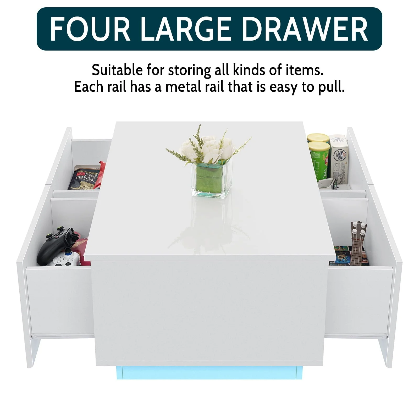 Hommpa Rectangular Coffee Table with LED Lights Tea Tables with 4 Drawers High Gloss Modern Living Room Furniture White Finish Sofa Side Table 37.4 x 23.6 x 15.4 Inches