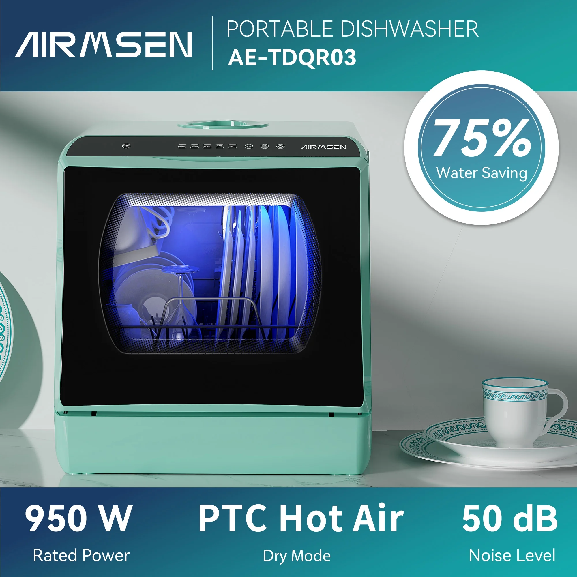 AIRMSEN Portable Countertop Dishwasher with 5 - Liter Built - in Water Tank and Air - Dry Function, 5 Washing Programs Mini Dishwasher, AE - TDQR03