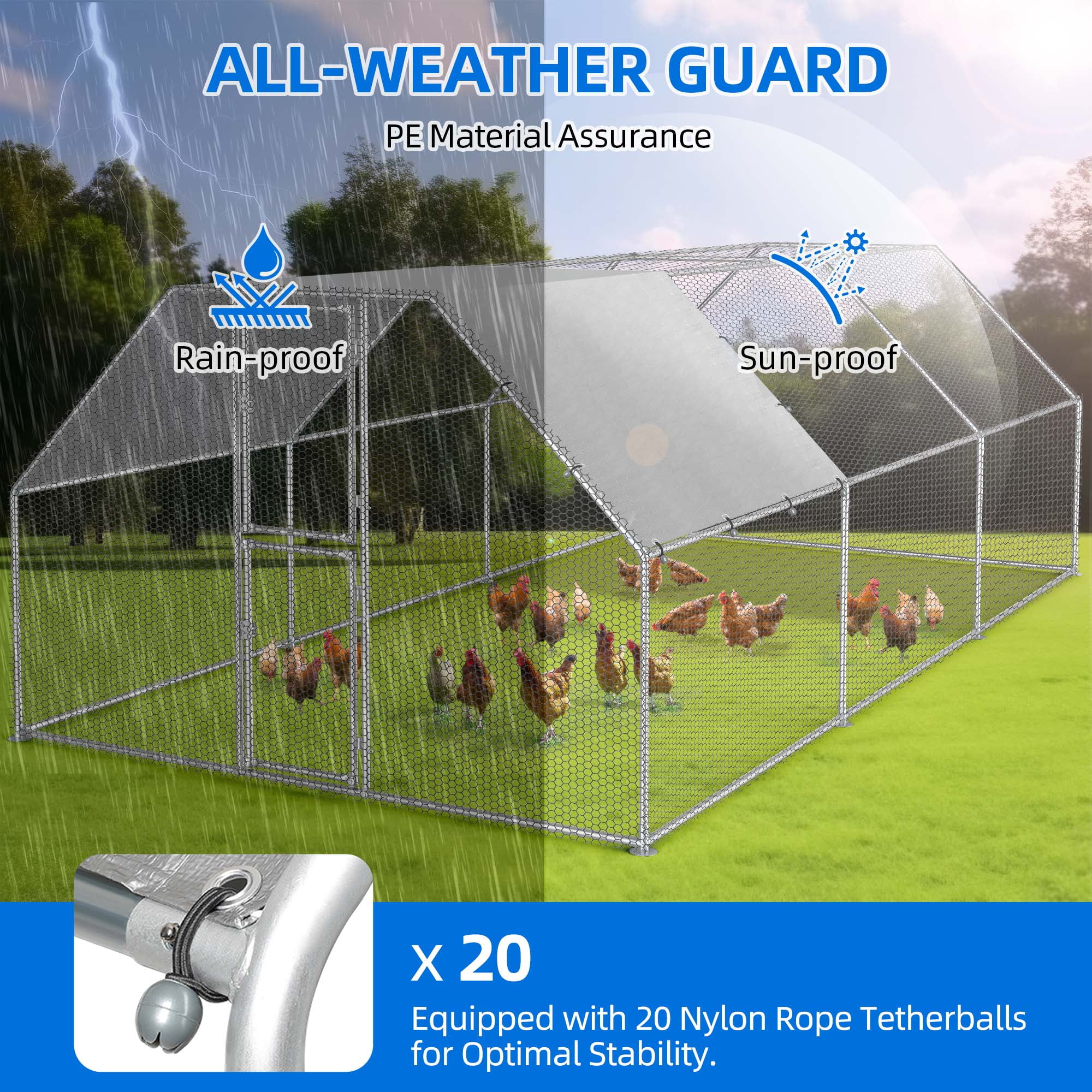 Uforic Chicken Run Coop 19.1 x 9.8 x 6.4 ft Large Metal Chicken Coop, Walk-in Hen Cage, Outdoor Poultry Cage with Waterproof Cover and Wire Mesh for Backyard,Yard Outdoor