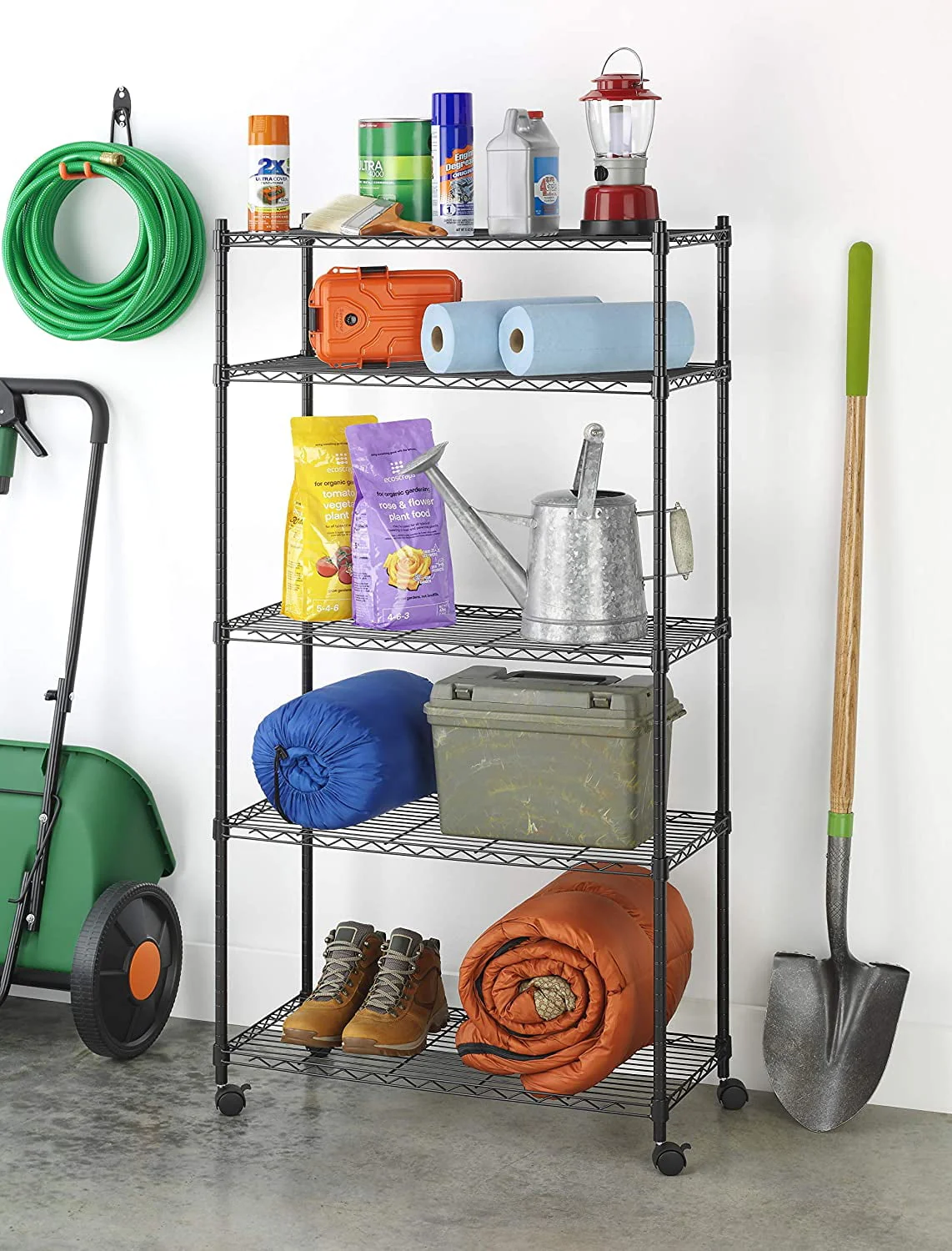 Zimtown 5-Shelf Metal Storage Rack, 35″L x 14″W x 65″ H Wire Shelving Unit with Wheels Black for Kitchen Garage, Capacity for 200 lbs Per Shelf