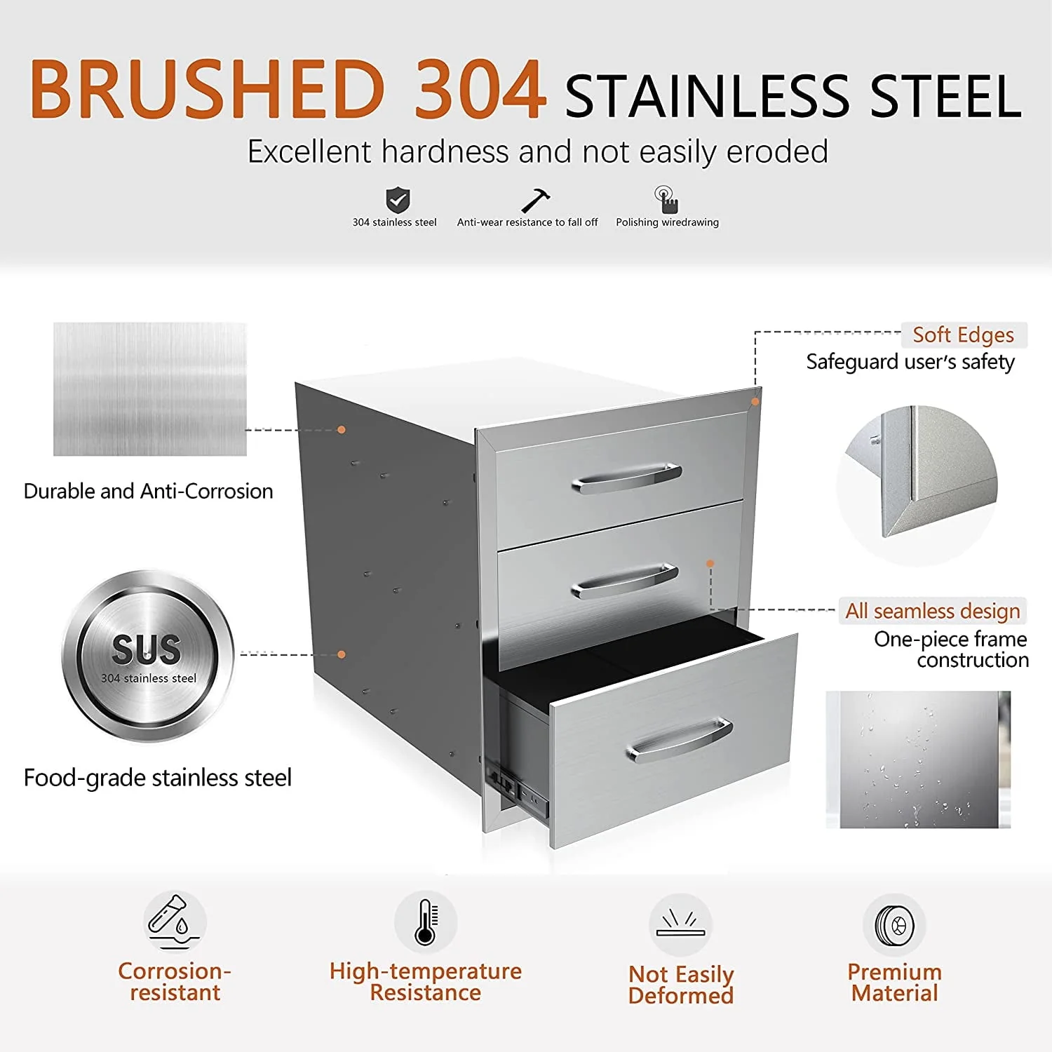 Outdoor Kitchen Drawers 14″ W x 21″ H x 23″ D, Flush Mount Triple Access BBQ Drawers,BBQ Island Drawers for Outdoor Kitchens or BBQ Island Patio Grill Station