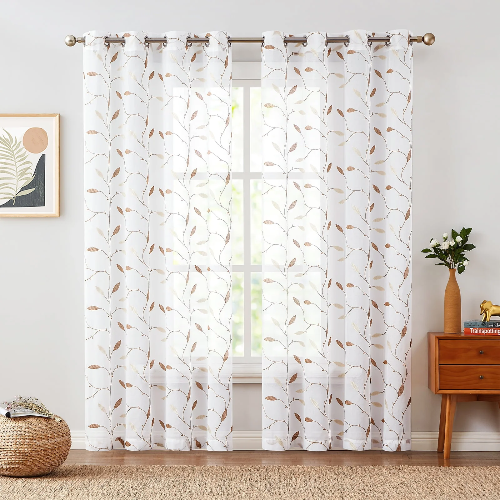 Curtainking Farmhouse Leaf Embroidery Grommet Sheer Curtains, 58″ x 84″ (2 Panels)
