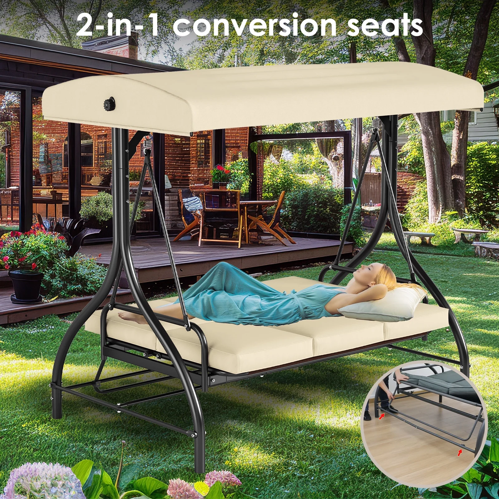 Pirecart 3 Person Patio Porch Swing Outdoor Converting Swing Glider Hammock with Adjustable Canopy, Cushions, Red