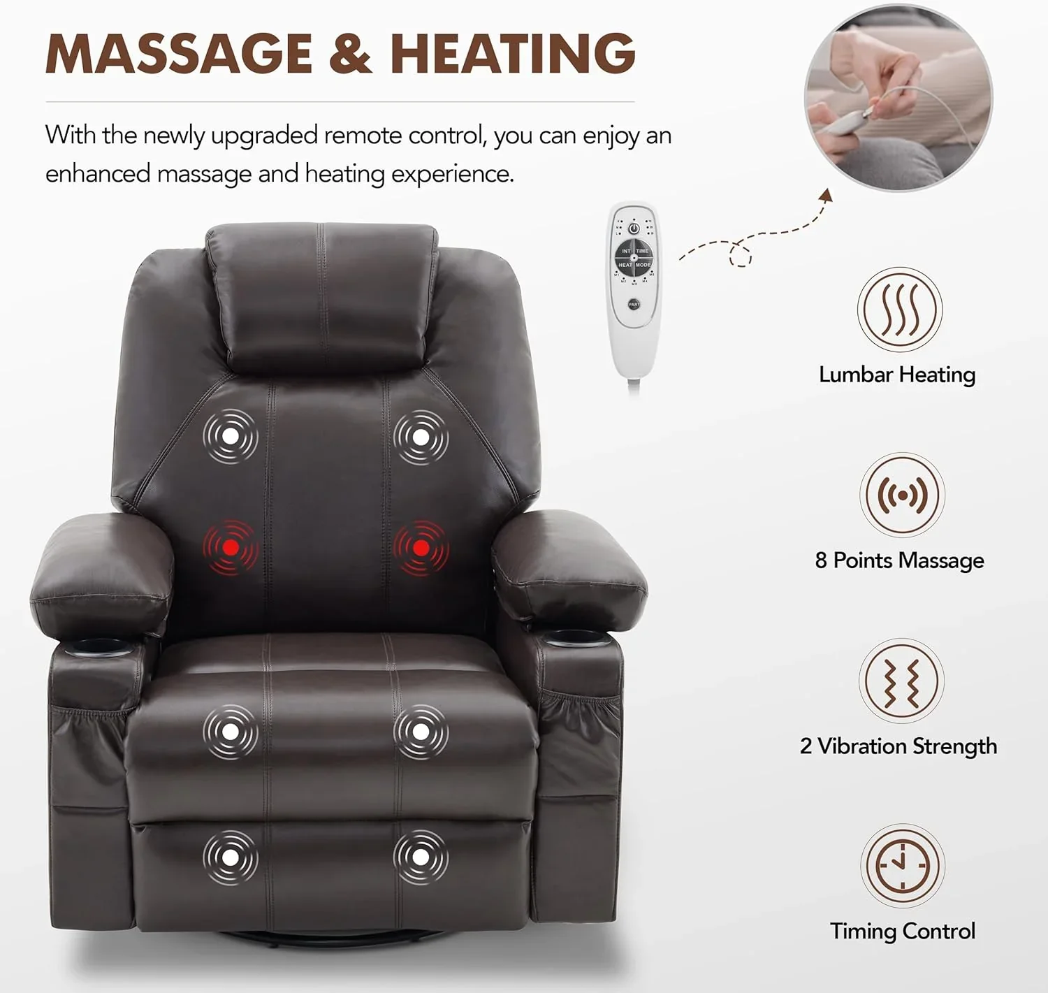 Oversized Swivel Rocker Recliner Chair with Heat and Massage, 360 Degree Swivel Rocking Single Sofa with Cup Holders and USB Port, Large Big Recliner Chair for Living Room (Leather, Brown)