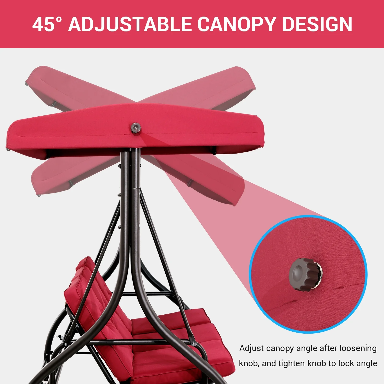 Pirecart 3 Person Patio Porch Swing Outdoor Converting Swing Glider Hammock with Adjustable Canopy, Cushions, Red