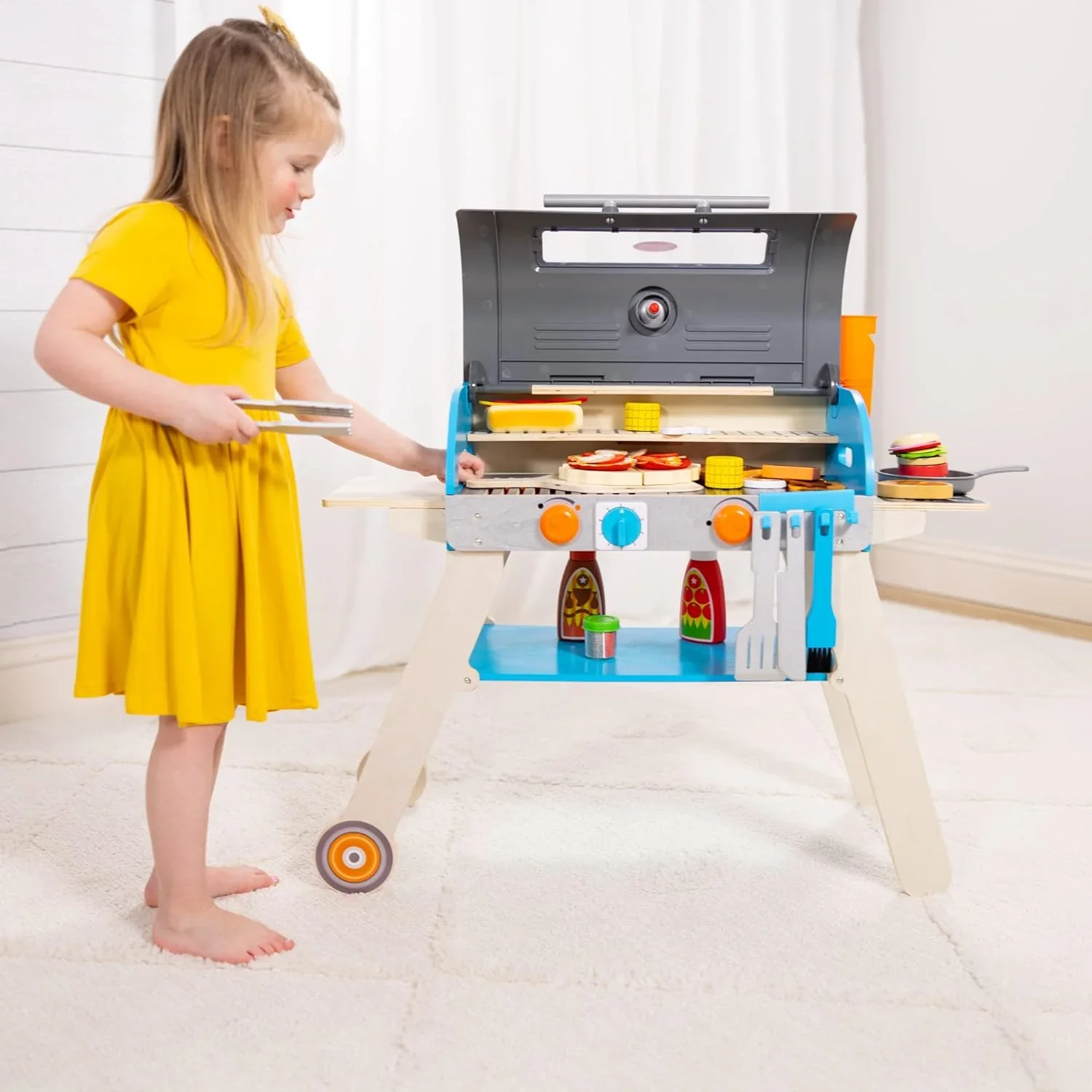 Wooden Luxury Grill, Smoker and Pizza Oven Toy Food Toy for Kids Pretend Cooking