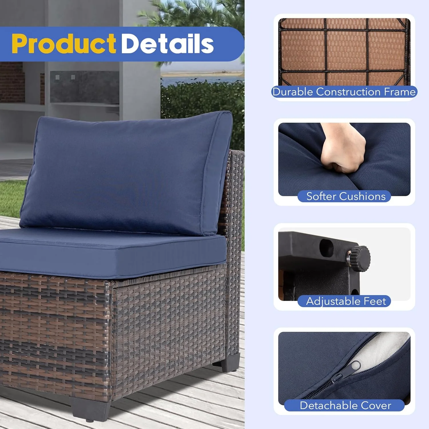 Ainfox 7 Pcs Outdoor Patio Furniture Sofa Set, Grey Rattan Grey Cushion