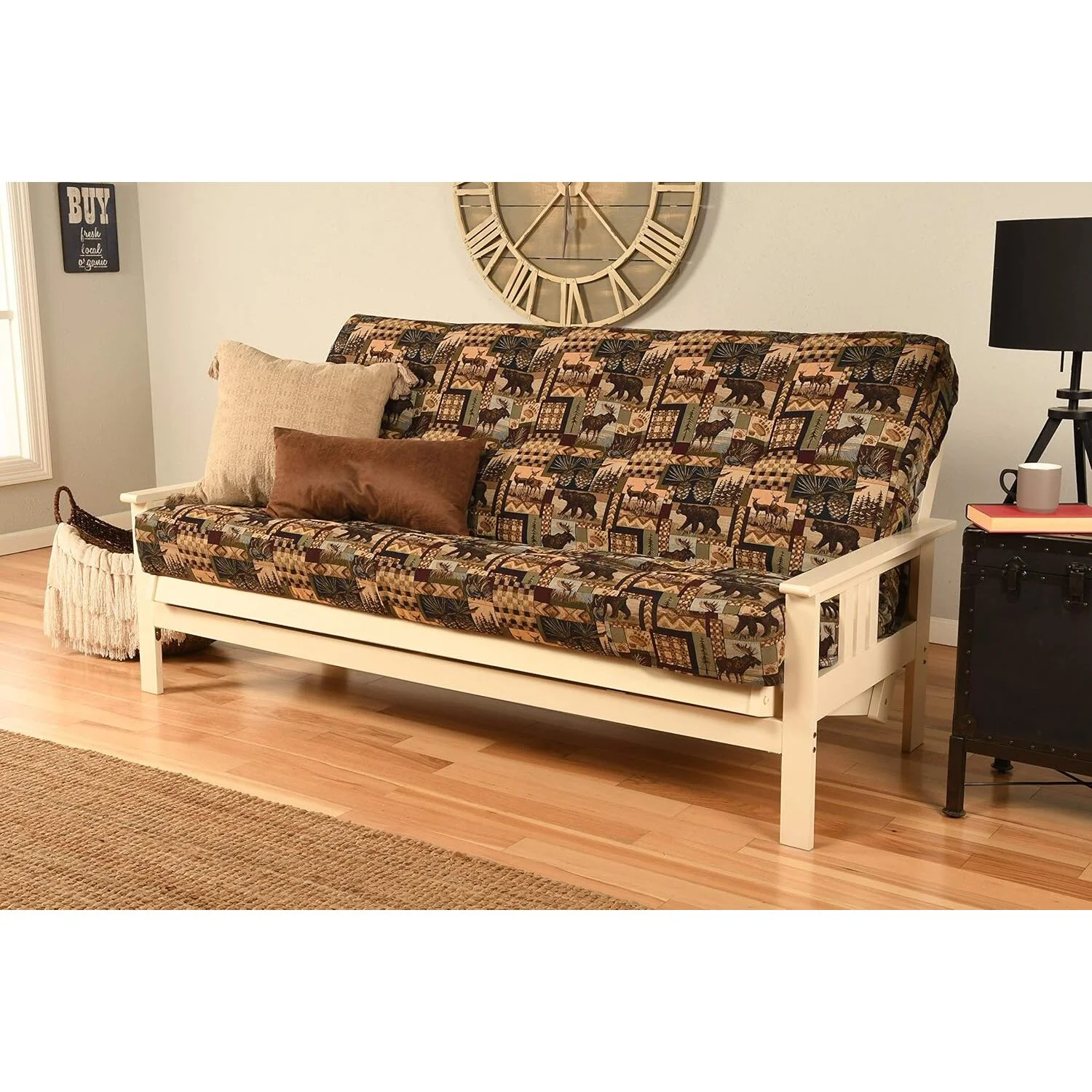 Homestock African Artifacts Full Size Futon Frame Set with Mattress, Easily Converts to Bed, Versatile Design Futon Frame for All Spaces, 33"H x 79"L x 37"D-Color:Linen Charcoal,Size:Barbados