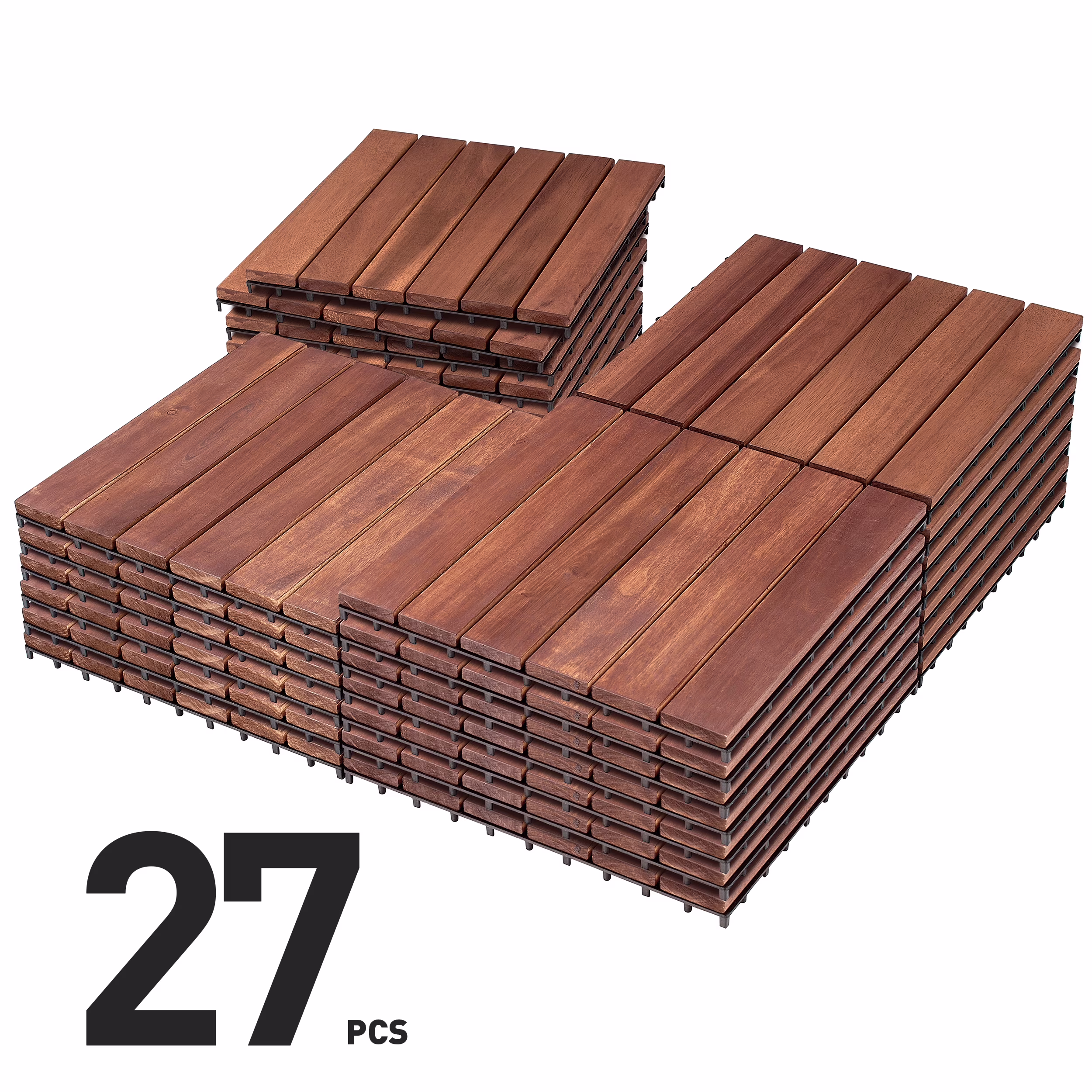 BuxWellBang 12” x 12” Interlocking Deck Tiles, Acacia Wood for Flooring, 27 Pcs, Brown