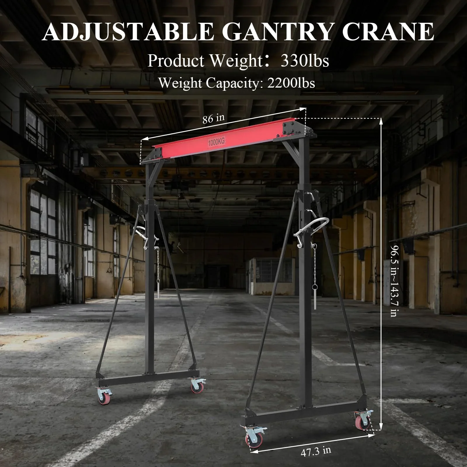 2025  1 Ton Adjustable Gantry Crane, 2200 lbs Capacity, Height Adjustable 96.5″-143.7″, Portable Hoist for Factory, Construction, Warehouse, Auto Repair