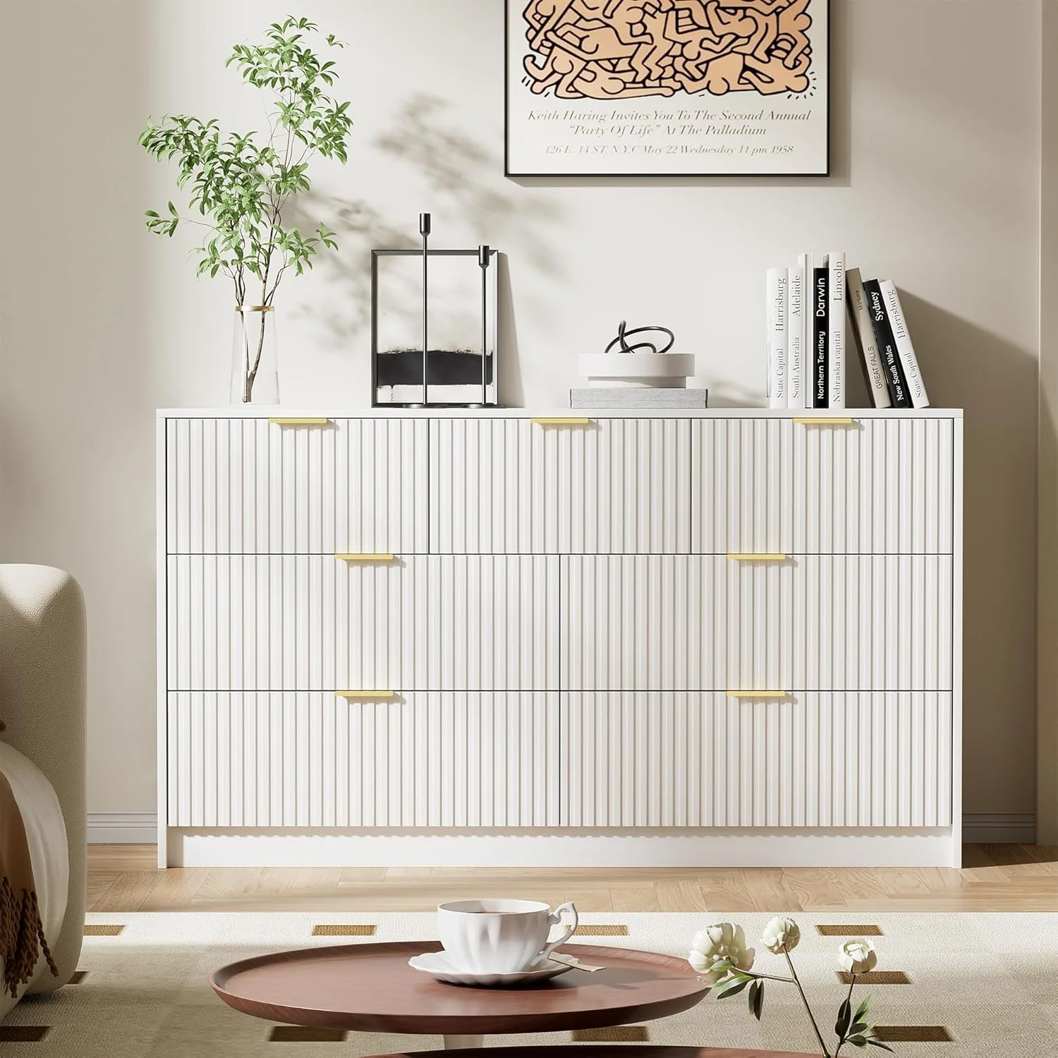 Furniway Black Dresser for Bedroom, 8 Drawer Double Dresser, Modern Chest of Drawers for Bedroom, Living Room, Entryway and Closet, 55" L x 15.7" D x 37.4" H