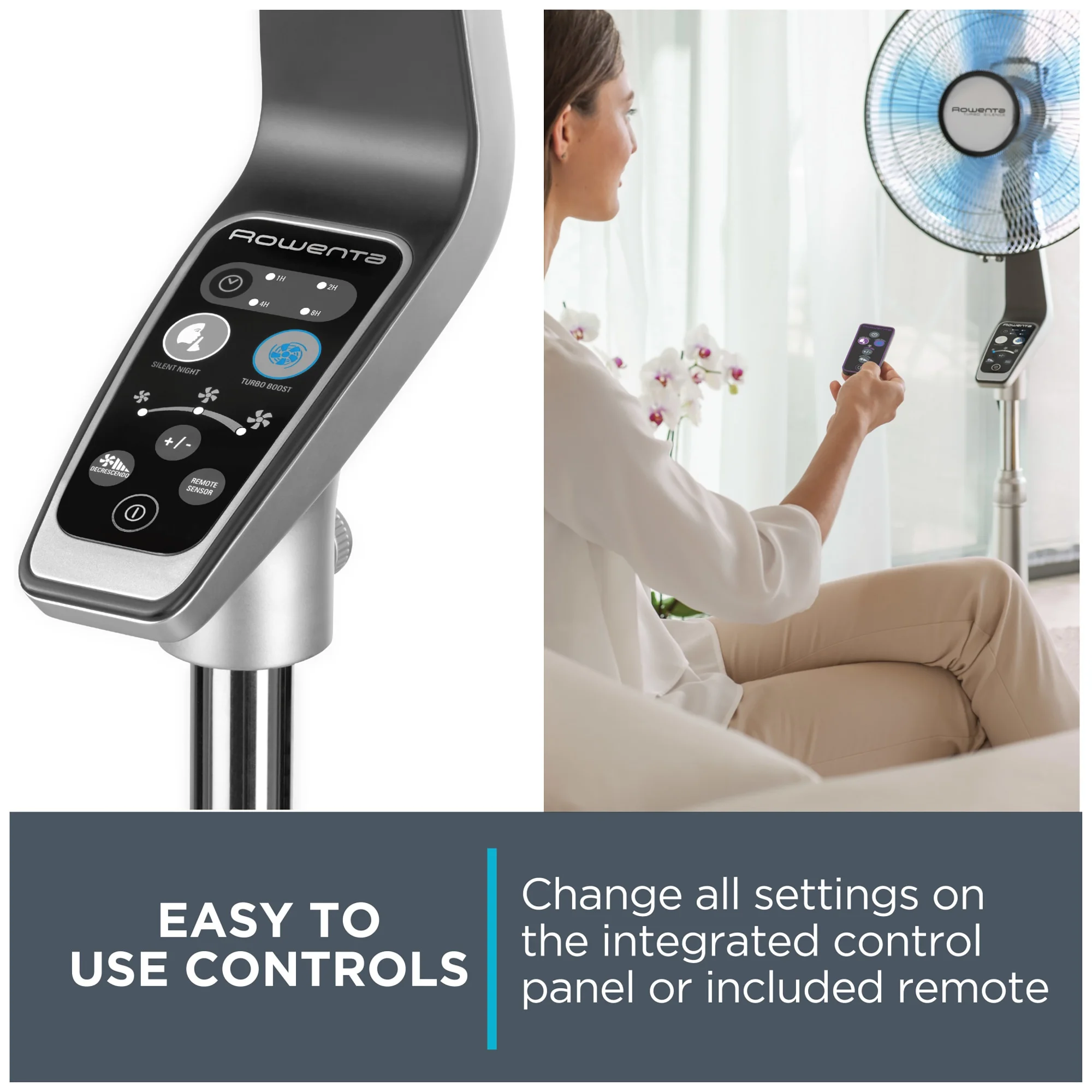 Rowenta Turbo Silence Standing Floor Fan with Remote, 53 Inch, Portable, 5 Speeds, VU5670