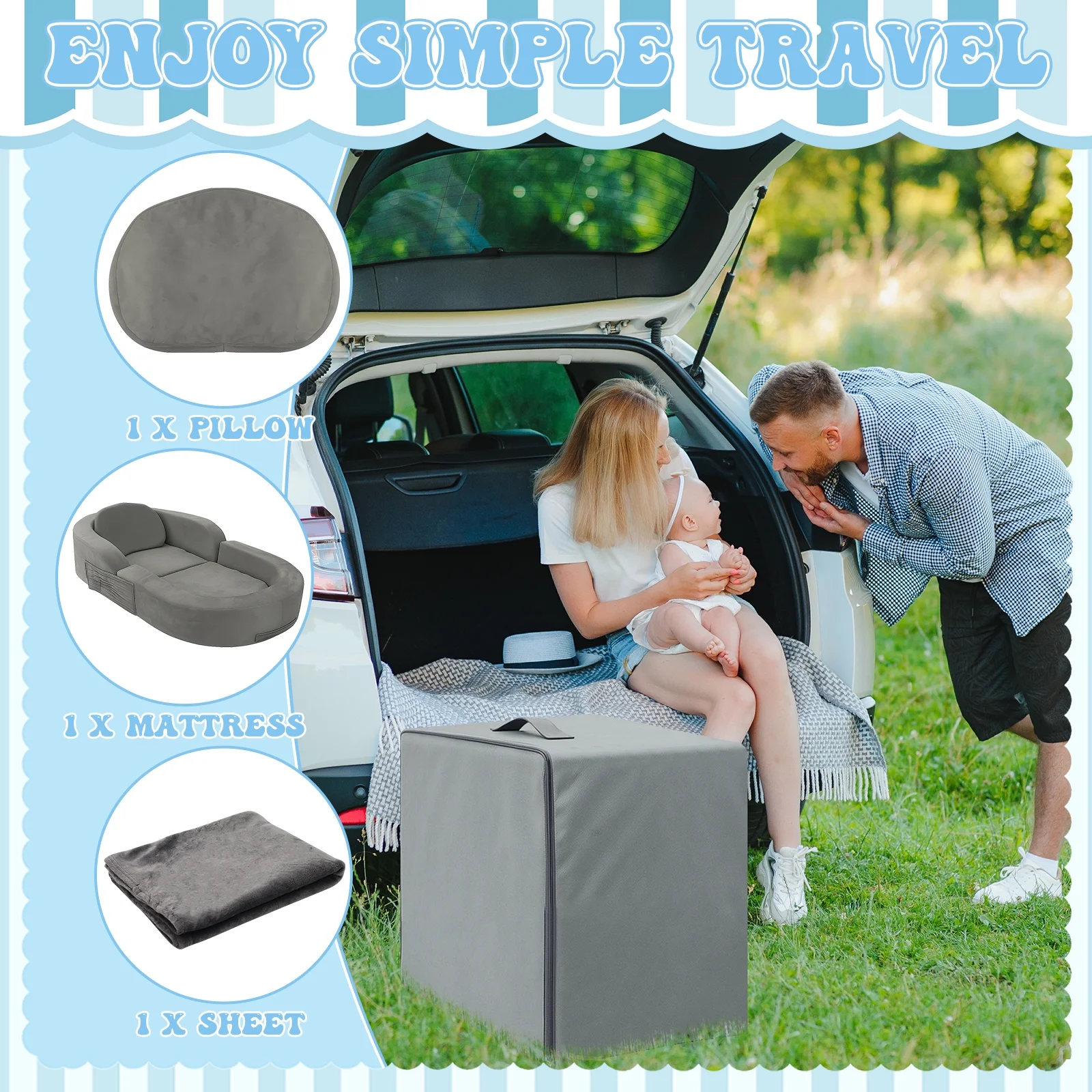 Coumy Toddler Travel Bed 2-in-1 Kids Sofa Chair with Removable Cover, Soft Foam Portable Foldable Toddler Bed for Travel with Carrying Bag, Blue