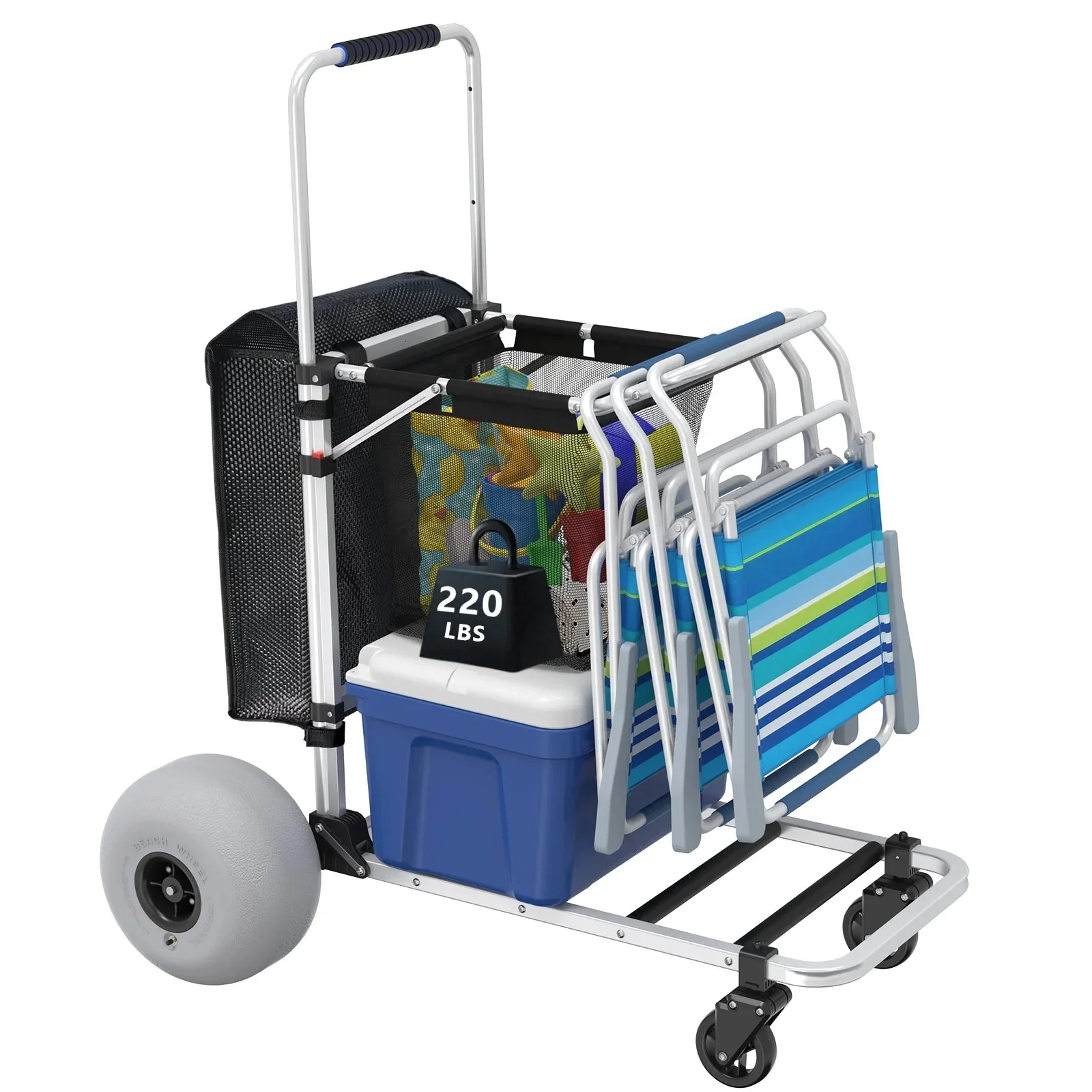 Foldable Beach Cart with Adjustable Handle and 12″ Balloon Wheels, Heavy Duty Aluminum 220LBS Capacity
