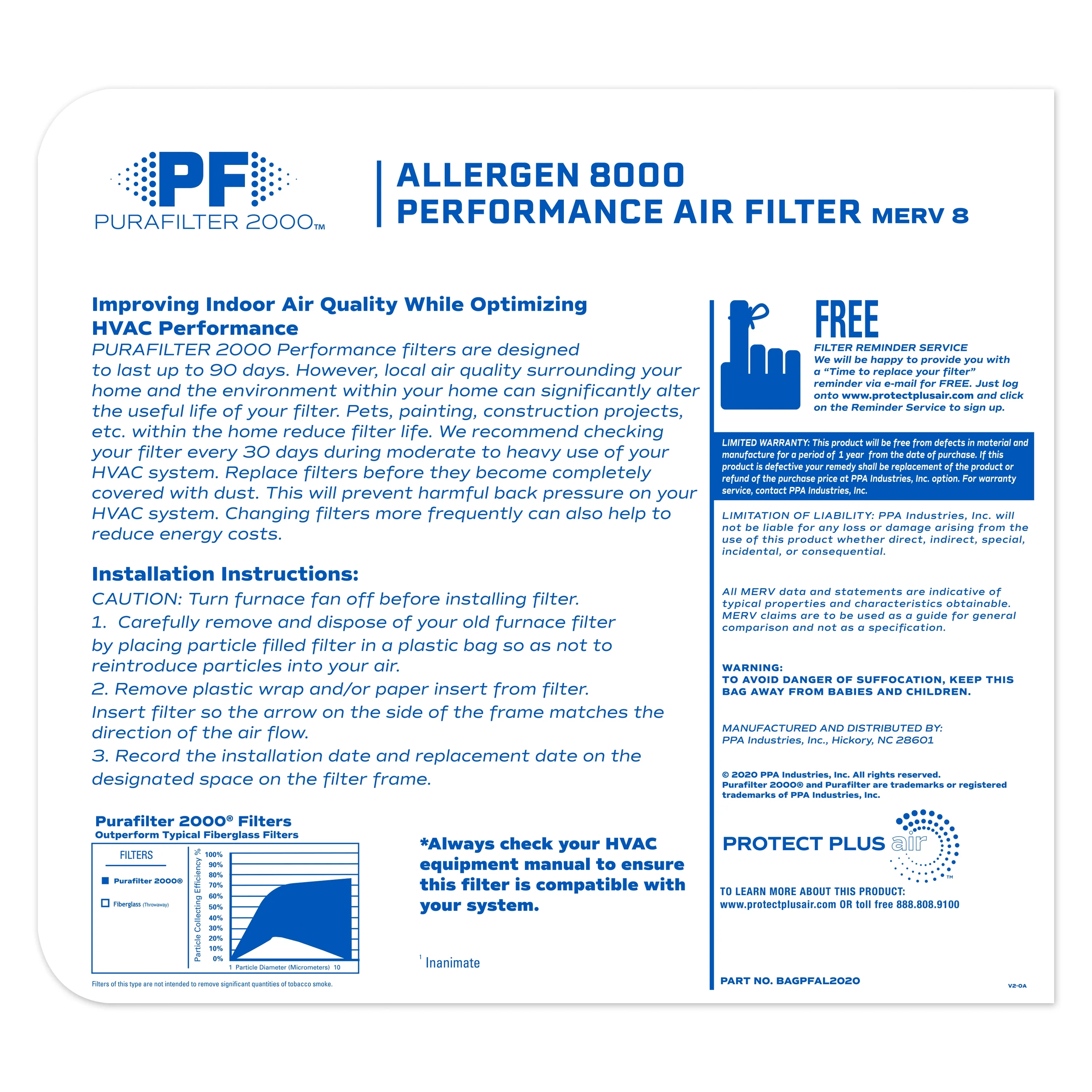 18x24x1 (17.75 x 23.75) PURAFILTER 2000 Allergen 8000 MERV 8 Air Filter