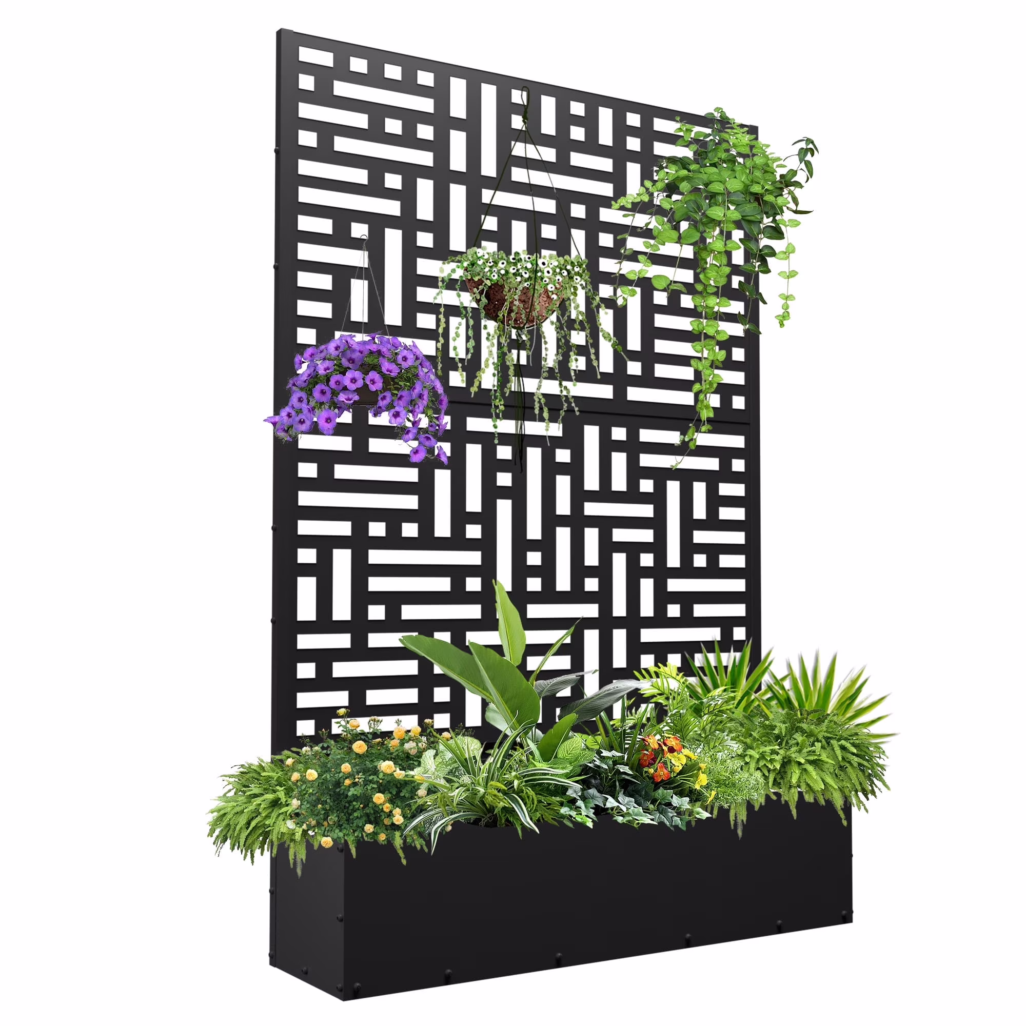 FOOWIN 71” H Metal Planter with Trellis, Outdoor Raised Garden Bed for Climbing Plants, Trellis Planter Box with Drainage Hole, Black