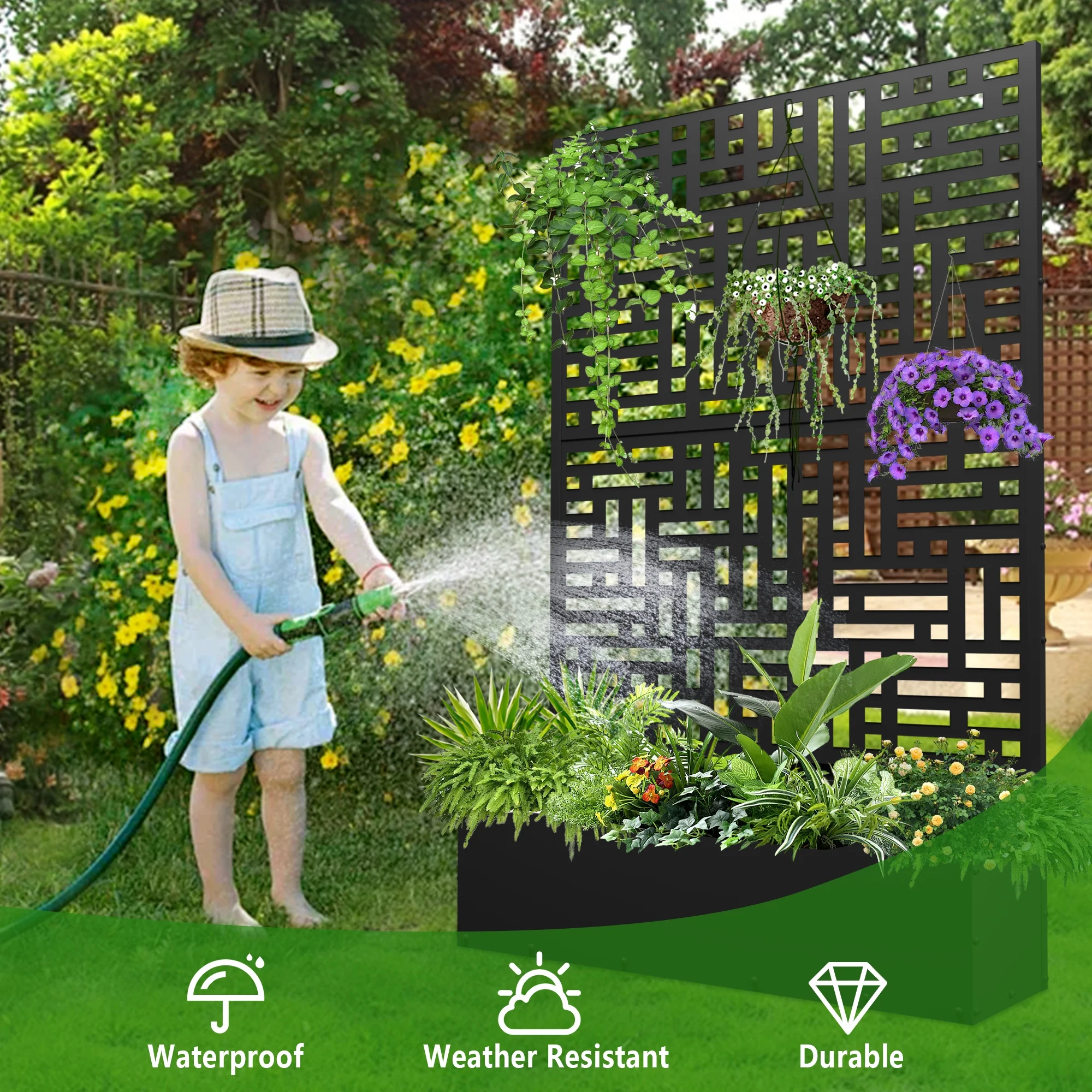 FOOWIN 71” H Metal Planter with Trellis, Outdoor Raised Garden Bed for Climbing Plants, Trellis Planter Box with Drainage Hole, Black
