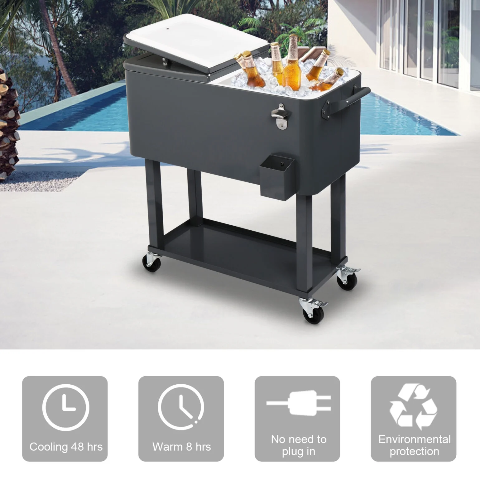 80Qt All-In-One Cooler Cart With Bottle Opener, Lower Storage Shelf and Cap Catcher, Outdoor Party Rolling Cooler With Lockable Wheels For Pool Side, Patio, Balcony, Mint(33.07 x 15.16 x 35.83)"