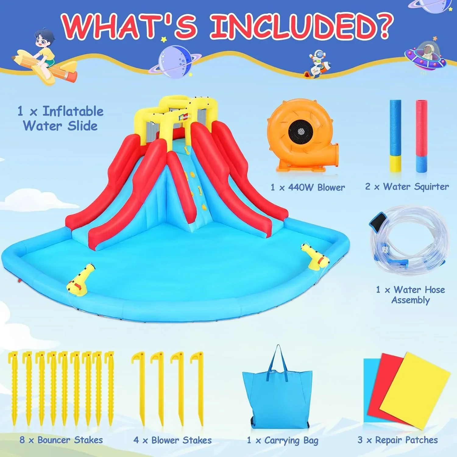 ROOJER Inflatable Water Slide Bounce House 8-in-1 With 450W Blower - Crocodile Water Park