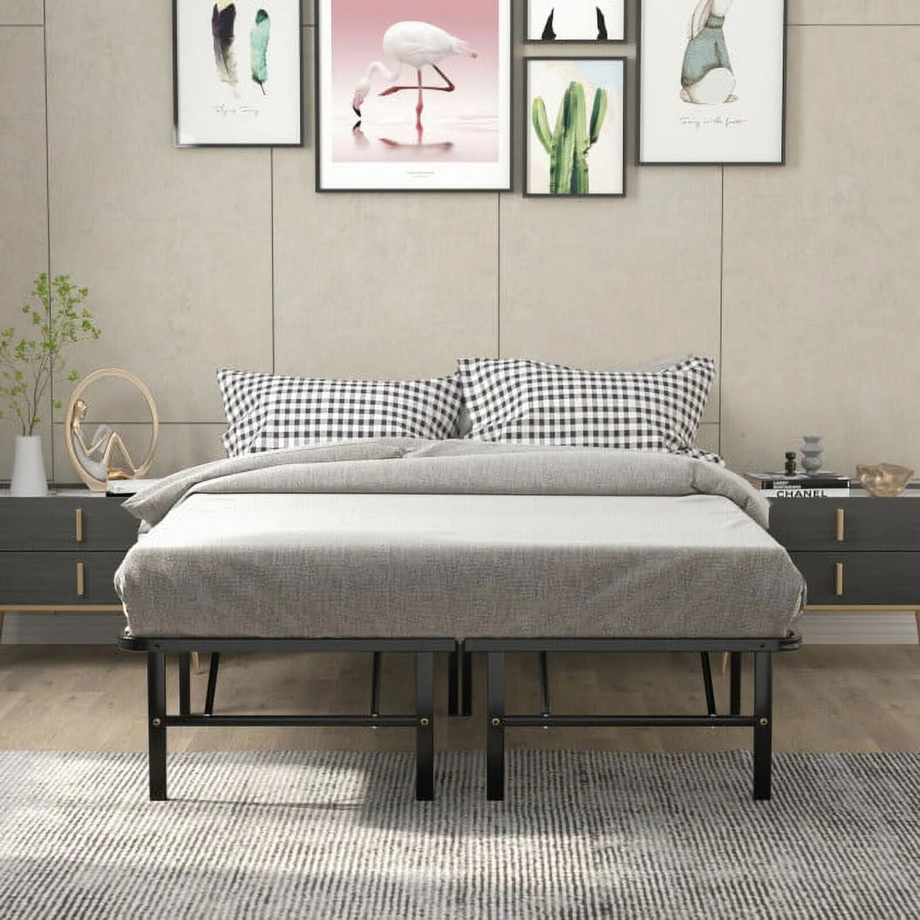 74" x 53" x 14" Foldable Metal Platform Bed Frame, No Box Spring Needed Steel Slats Support, 14 Inches High Under Bed Storage, Tool-free Assembly, Full Size