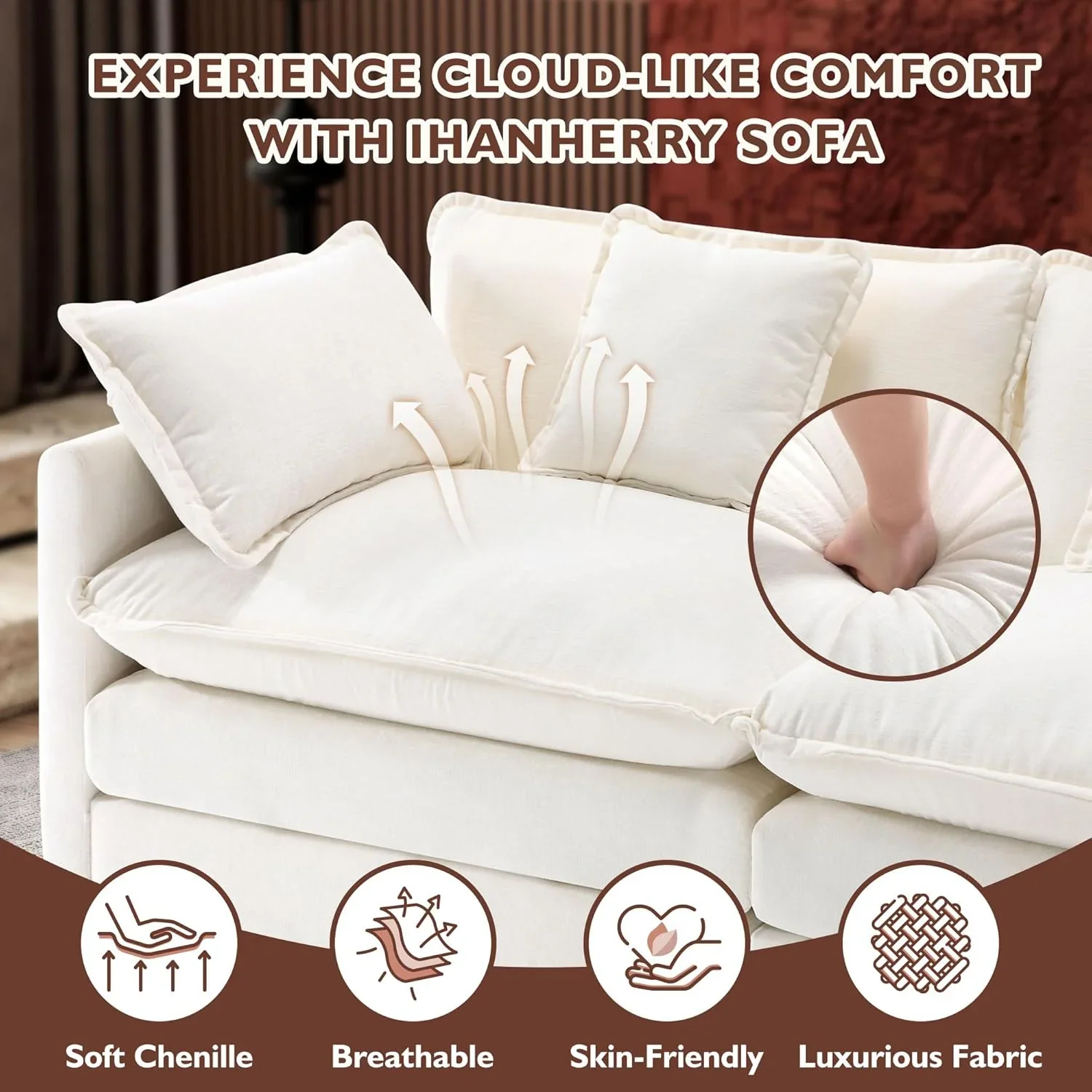 Ihanherry 146" U-Shaped Modern Sofa Modular Sectional Cloud Couch with 2 Ottoman, 6-Seat Chenille Deep Seat Sofa with 6 Pillows for Living Room, Bedroom and Apartment, Grey
