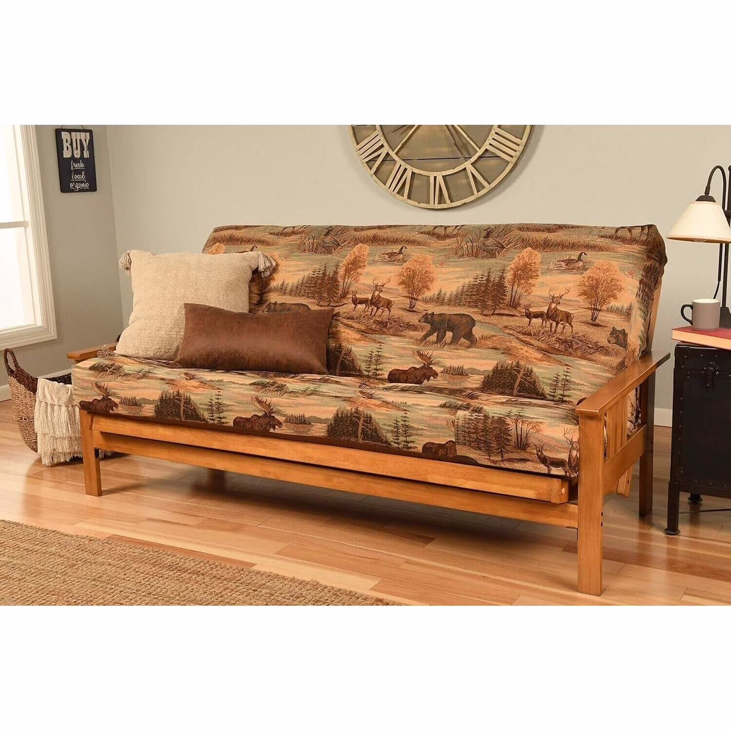 Homestock African Artifacts Full Size Futon Frame Set with Mattress, Easily Converts to Bed, Versatile Design Futon Frame for All Spaces, 33"H x 79"L x 37"D-Color:Linen Charcoal,Size:Barbados
