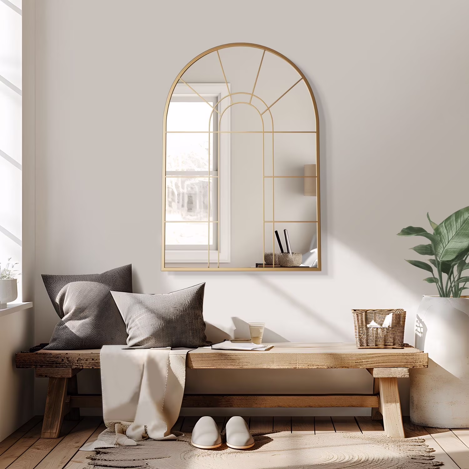 Lirago 42″ x 28″ Arched Decorative Mirror Metal Window Pane Wall Mirror, Gold