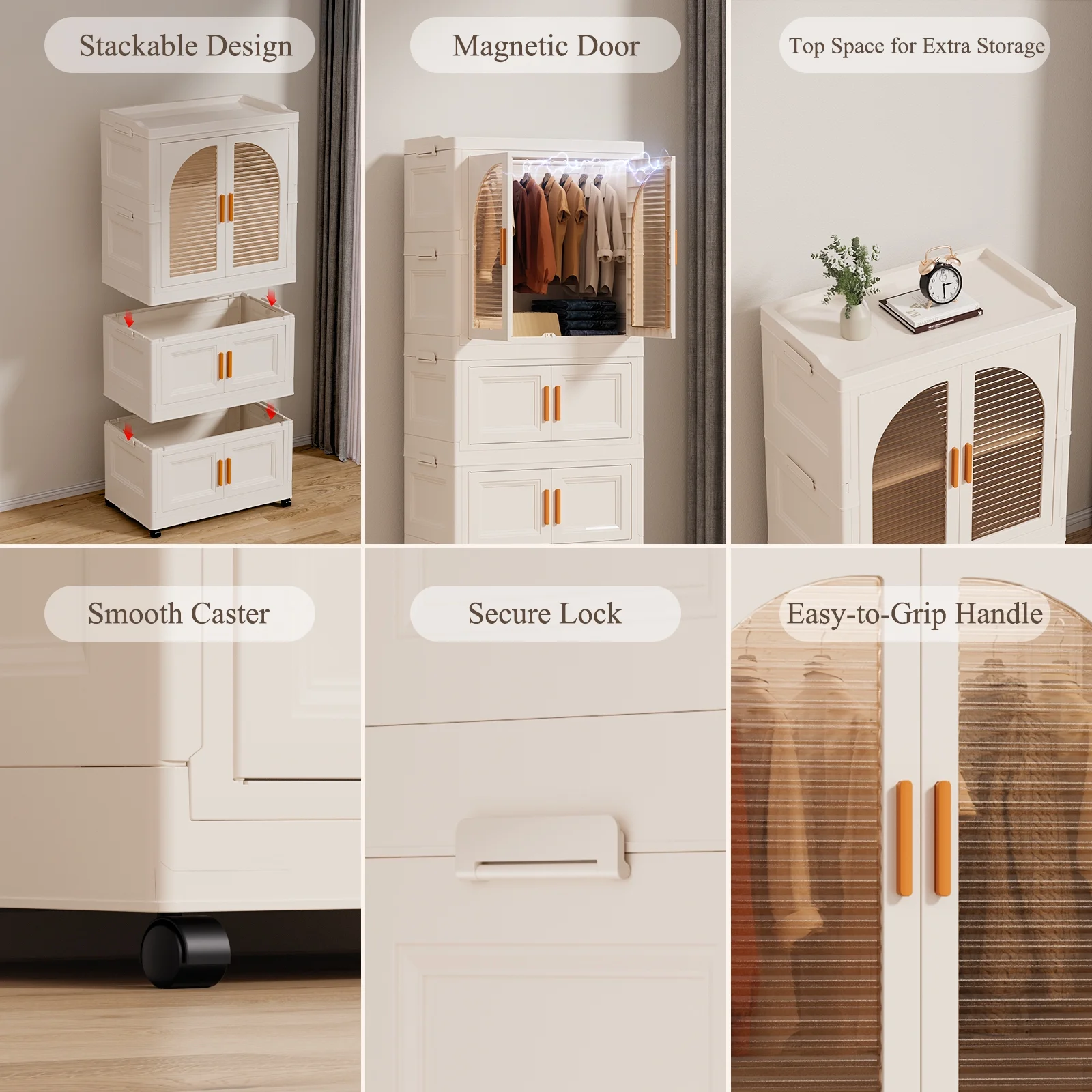 Fitfort Folding Wardrobe Storage Cabinet, 25.6 x 14.6 x 51.2 in, Plastic with Magnetic Door and Wheels, Includes 1 Wardrobe Level, 2 Folding Boxes,10 Hangers and 4 Hooks