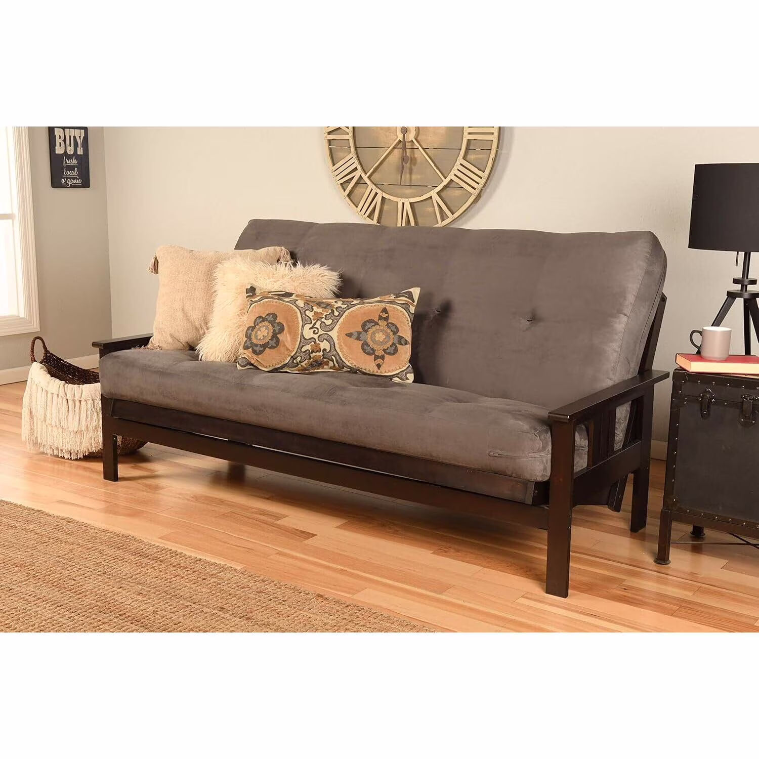 Homestock African Artifacts Full Size Futon Frame Set with Mattress, Easily Converts to Bed, Versatile Design Futon Frame for All Spaces, 33"H x 79"L x 37"D-Color:Linen Charcoal,Size:Barbados