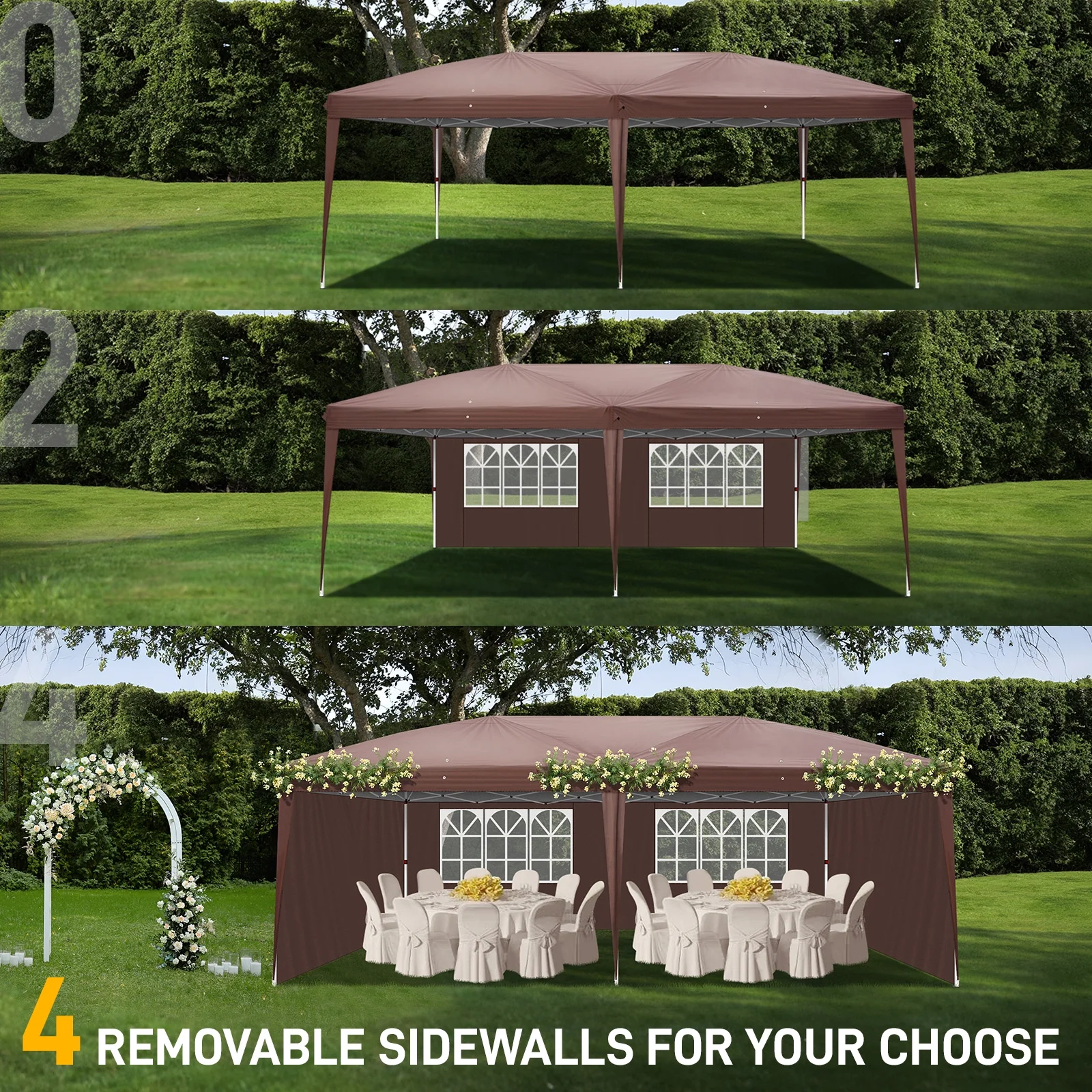 6m x 3m (20ft x 10ft) Dark Brown Waterproof Instant Pop Up Tent Portable Folding Shelter with 2 Windows, UV Protection, Heavy Duty for Camping, Outdoor Events, Market Stall, Backyard