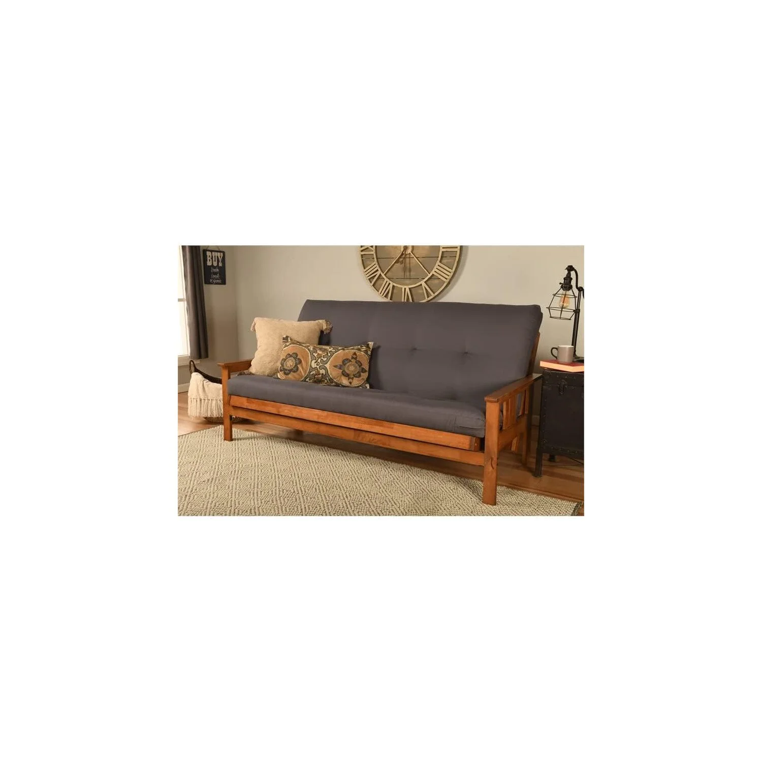 Homestock African Artifacts Full Size Futon Frame Set with Mattress, Easily Converts to Bed, Versatile Design Futon Frame for All Spaces, 33"H x 79"L x 37"D-Color:Linen Charcoal,Size:Barbados