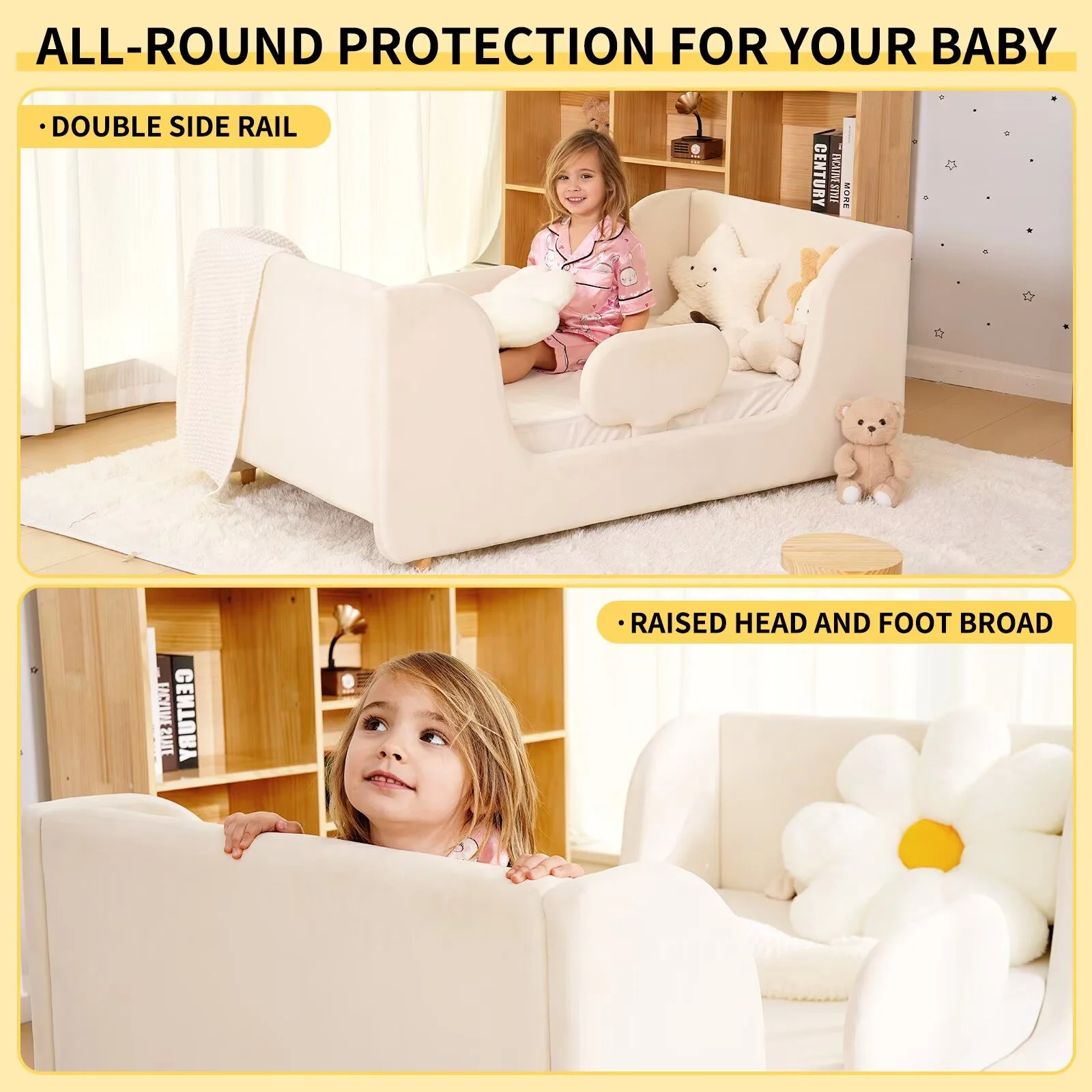 Lilypelle Toddler Bed Frame, Toddler Floor Bed with Removable Guard Rails, Small Bed for Boys and Girls, Standard Crib Size Toddler Bed55.9 x 31.5 x 23.2 inBeige