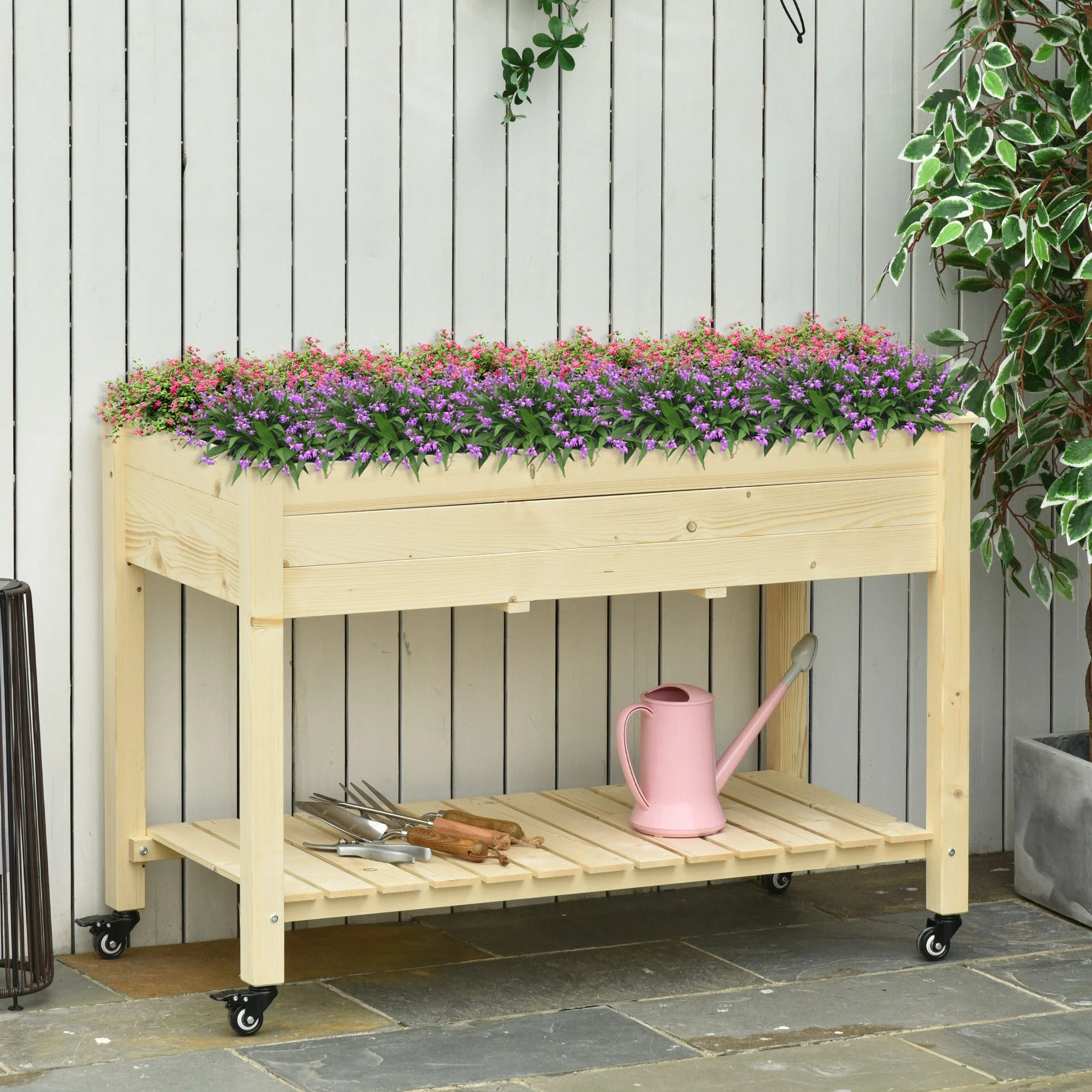 DUOSONG Outsunny Raised Garden Bed, 47" X 22" X 33", Elevated Wooden Planter Box W/ Lockable Wheels, Storage Shelf, And Bed Liner For Backyard, Patio, Natural Natural Wood Garden & Outdoor Garden