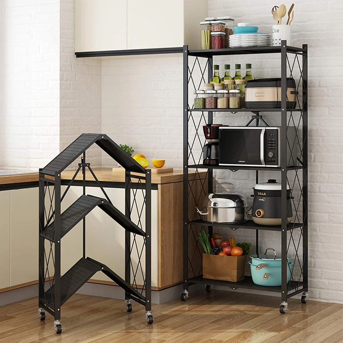 Foldable 28.35''W x 14.96''D x 63.19''L Storage Shelving Unit,Heavy Duty Metal Shelf,Foldable Shelf with Wheels,Garage Shelf Rack,Heavy Duty Pantry Organizer