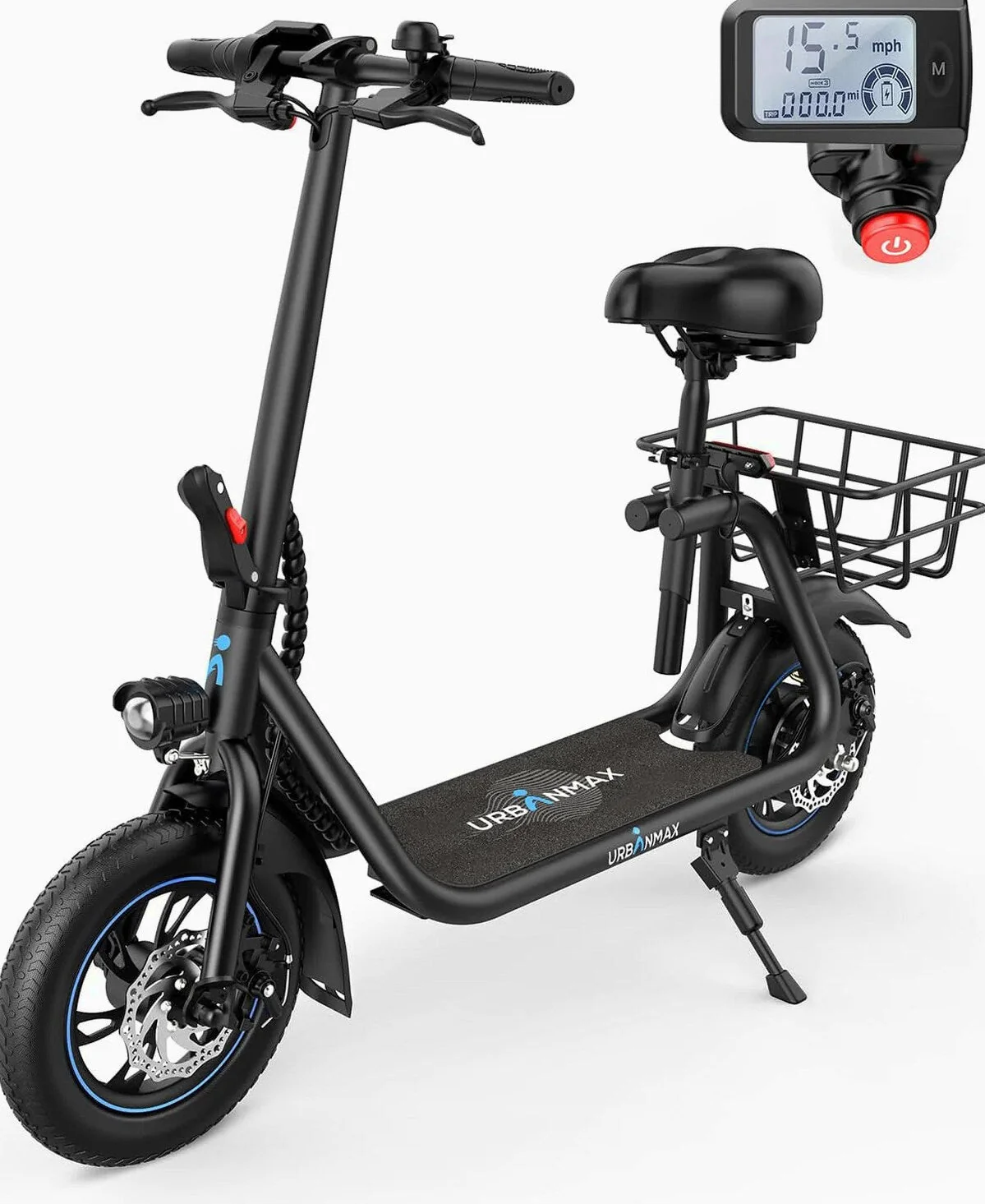 URBANMAX Electric Scooter With Seat, 450W, 22 Miles, Black – C1