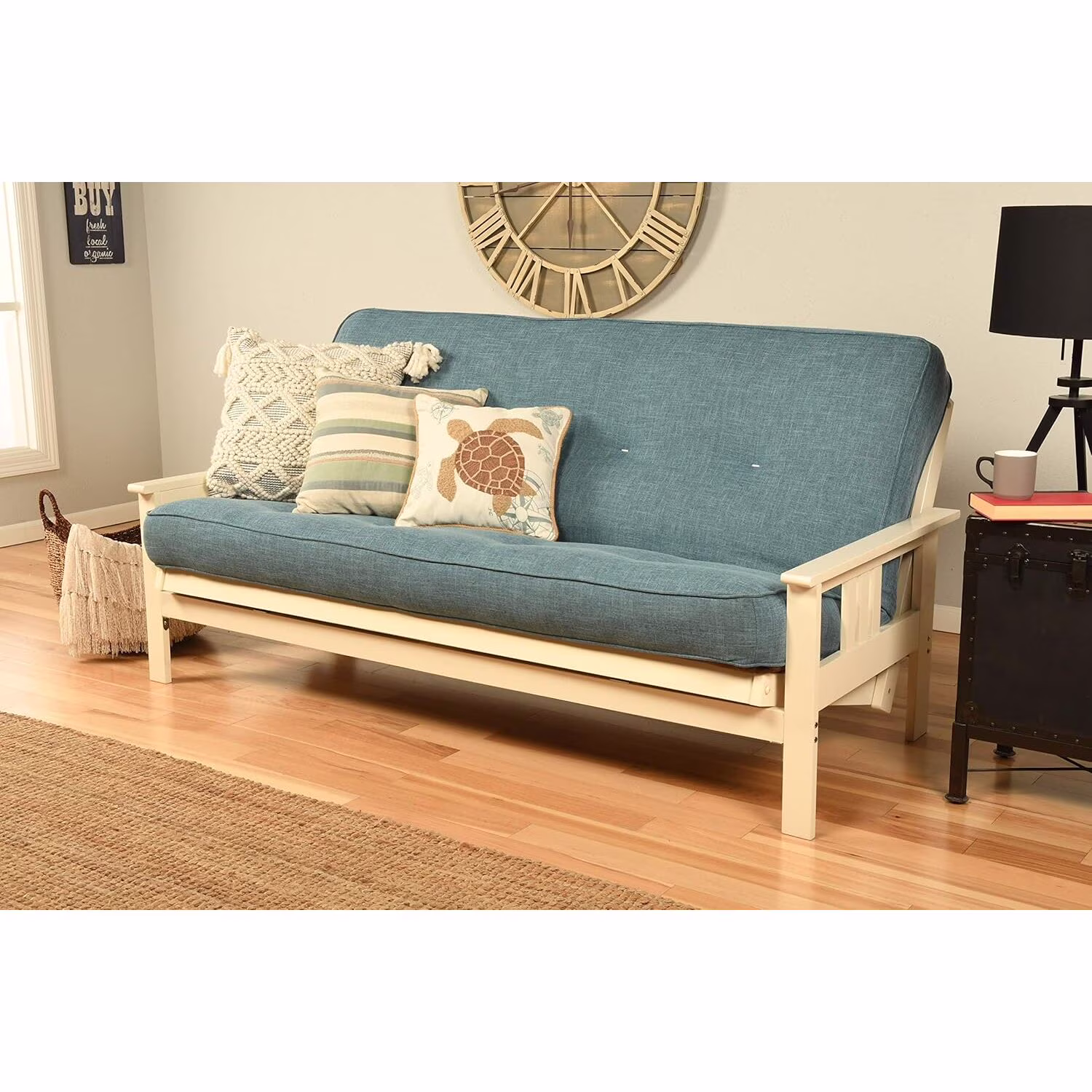 Homestock African Artifacts Full Size Futon Frame Set with Mattress, Easily Converts to Bed, Versatile Design Futon Frame for All Spaces, 33"H x 79"L x 37"D-Color:Linen Charcoal,Size:Barbados