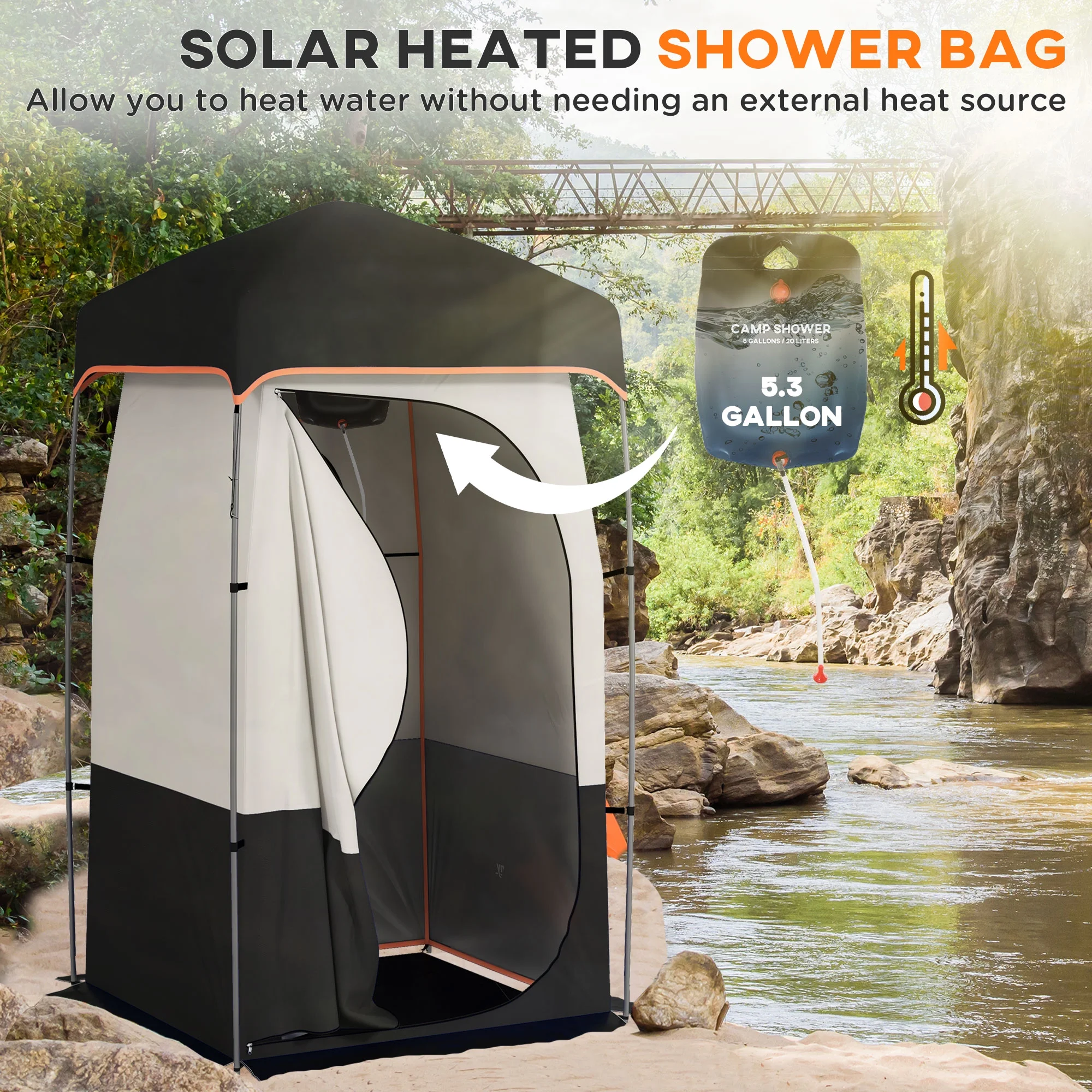 E-Western Outsunny Portable Shower Tent with Solar Shower Bag, Privacy Shelter, Camping Dressing Room, Includes Floor & Carrying Bag, Black, 28.7" x 6.7" x 6.7"
