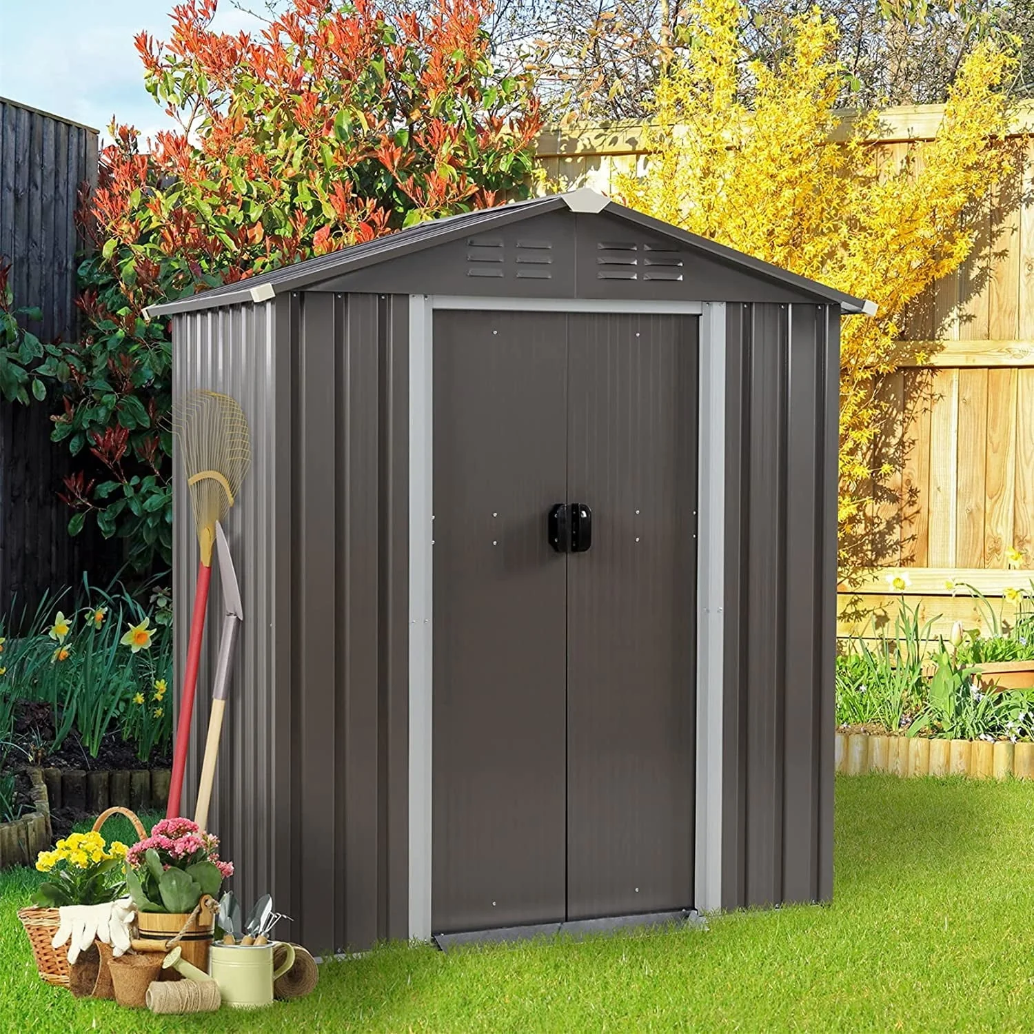 Sobaniilo 5’x 3’x 6′ FT Outdoor Storage Metal Shed with Lockable Door, Tools Storage Shed Clearance, Outdoor House for Backyard Patio, Lawn and Garden, Gray