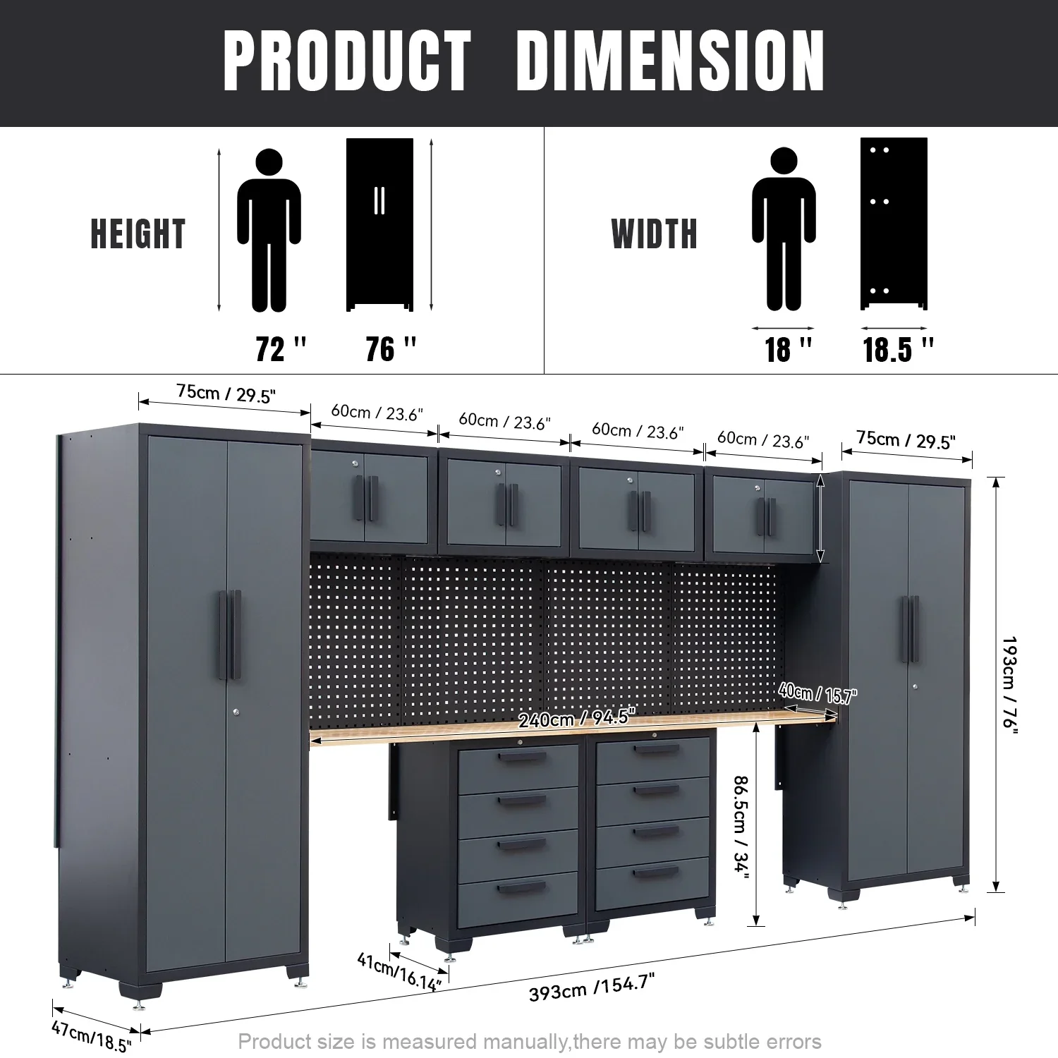 HPDMC 7-Piece Metal Garage Cabinet System With 4-Drawer Roller Cabinet, 47.2 in Workbench And Pegboards