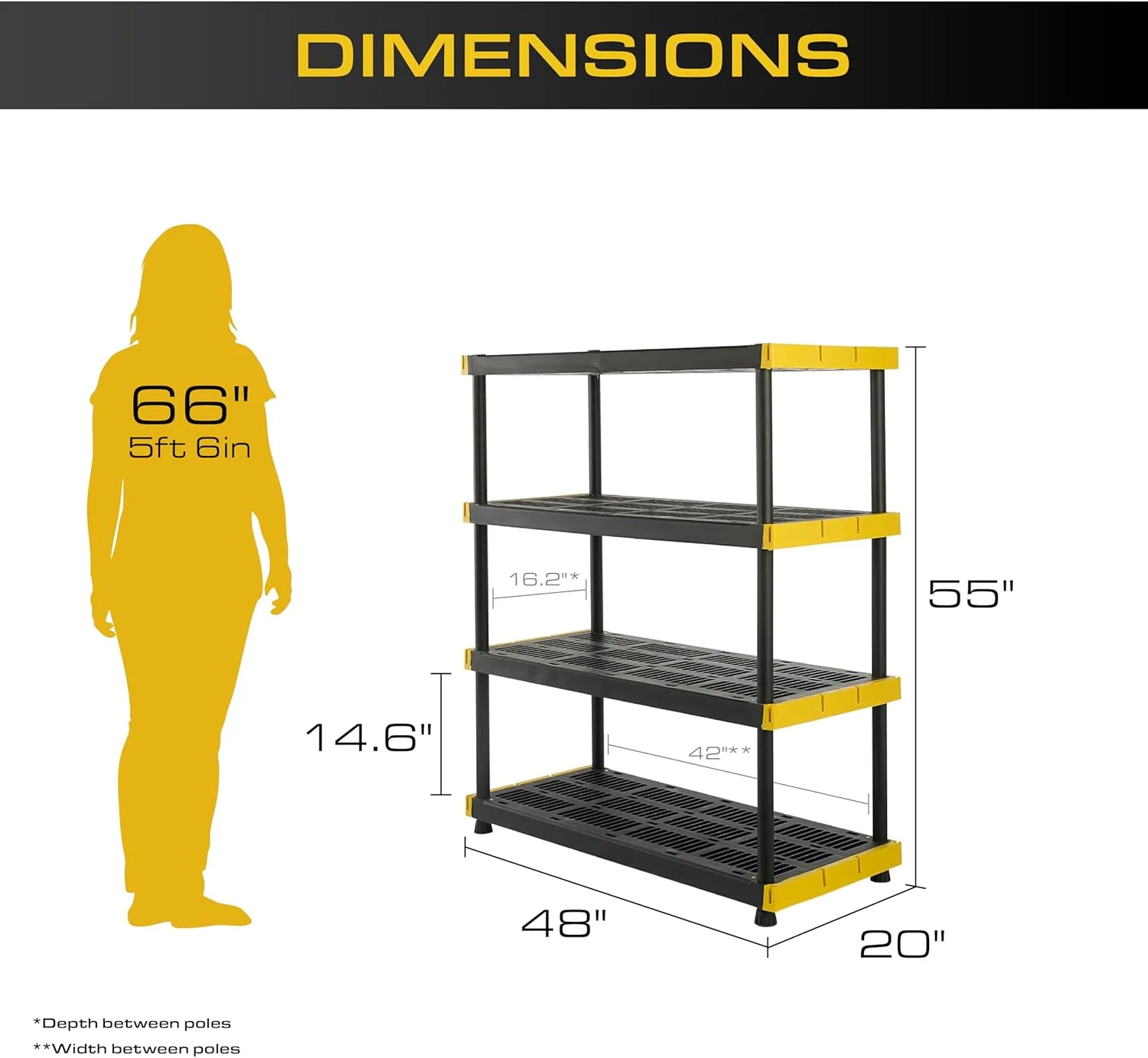 TDUKDB Black and Yellow, 4-Tier Heavy Duty Plastic Storage Shelving Unit, 200lbs/shelf (55H x 48W x 20D), for Indoor/Outdoor Organization, Modular Rack