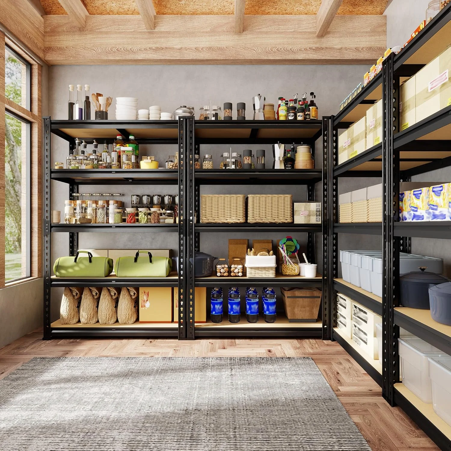 72.12" H Garage Shelving, Storage Shelves Load 2100LBS, 5-Tier Adjustable Shelving Unit with Thickened Wooden Boards for Multiple Scenarios, 72.12" H x 35.55" W x 11.85" D, Black